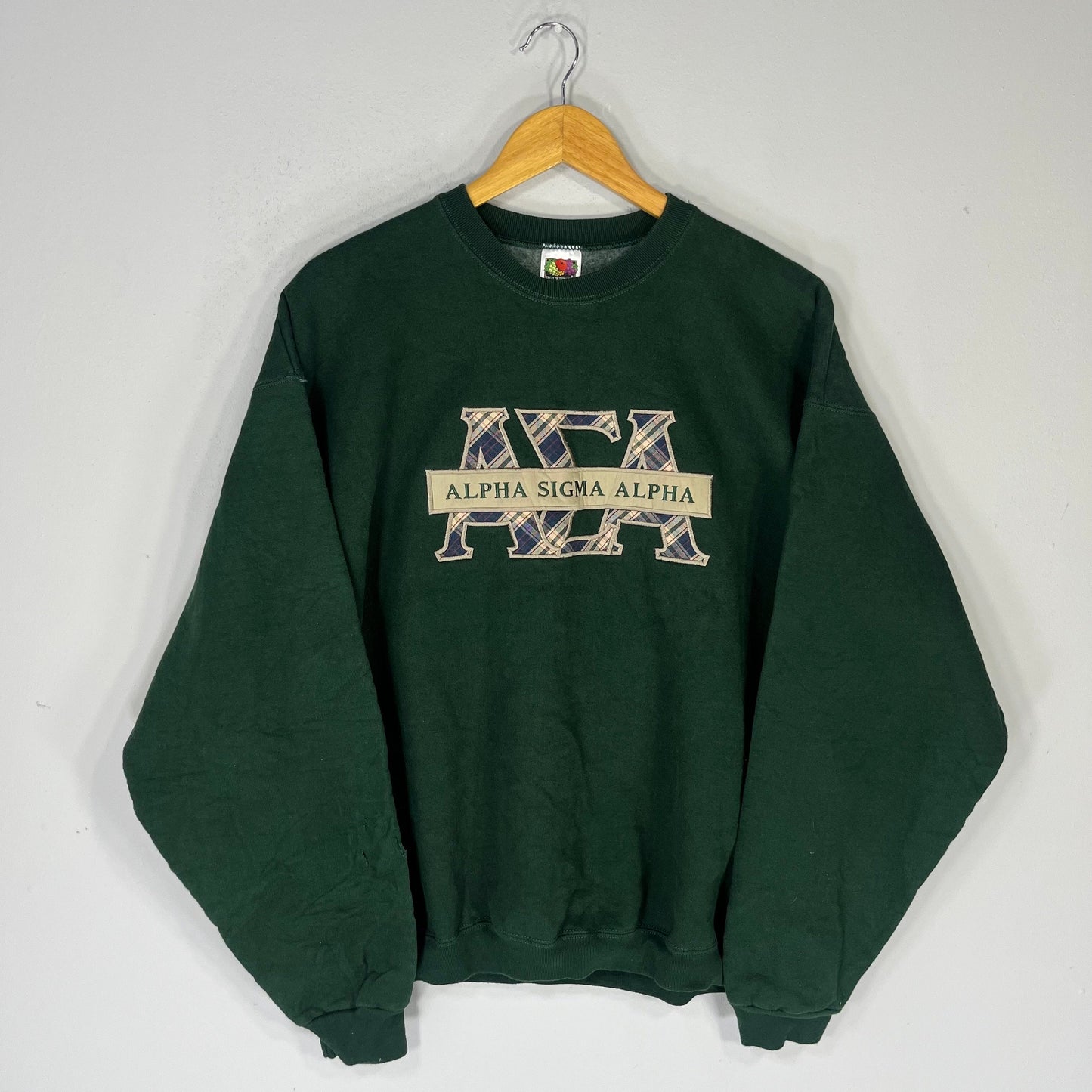 Vintage Fruit Of The Loom Tag Alpha Sigma Alpha Spellout BigLogo Embroidered Sweatshirt Alpha Crewneck Sweater Colour Green Size X Large Sweatshirt – Soft Feel · Trending Graphic Apparel