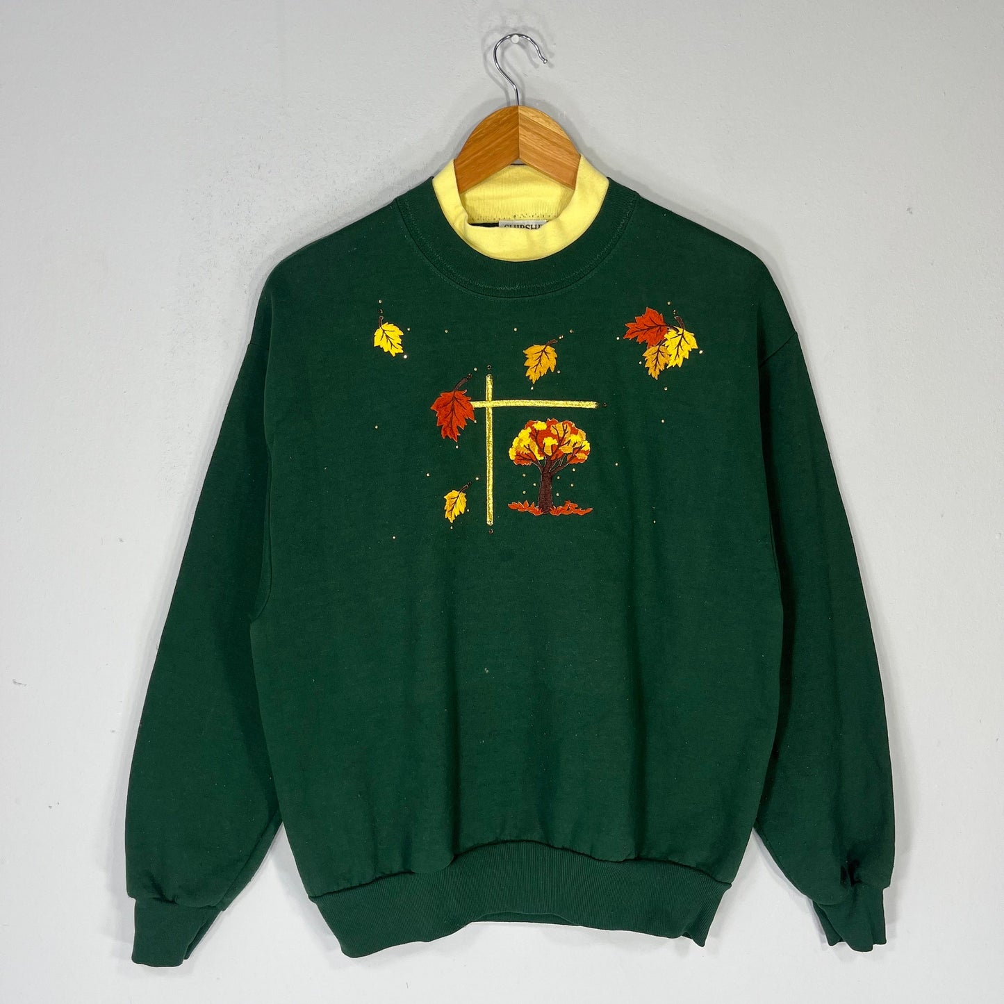 Vintage Shipshe Tag Falling Leaves Autumn Big Logo Embroidered Sweatshirt Crewneck Pullover Sweater Autumn Colour Green Size Medium Sweatshirt – Premium Graphic · Must-Have Style