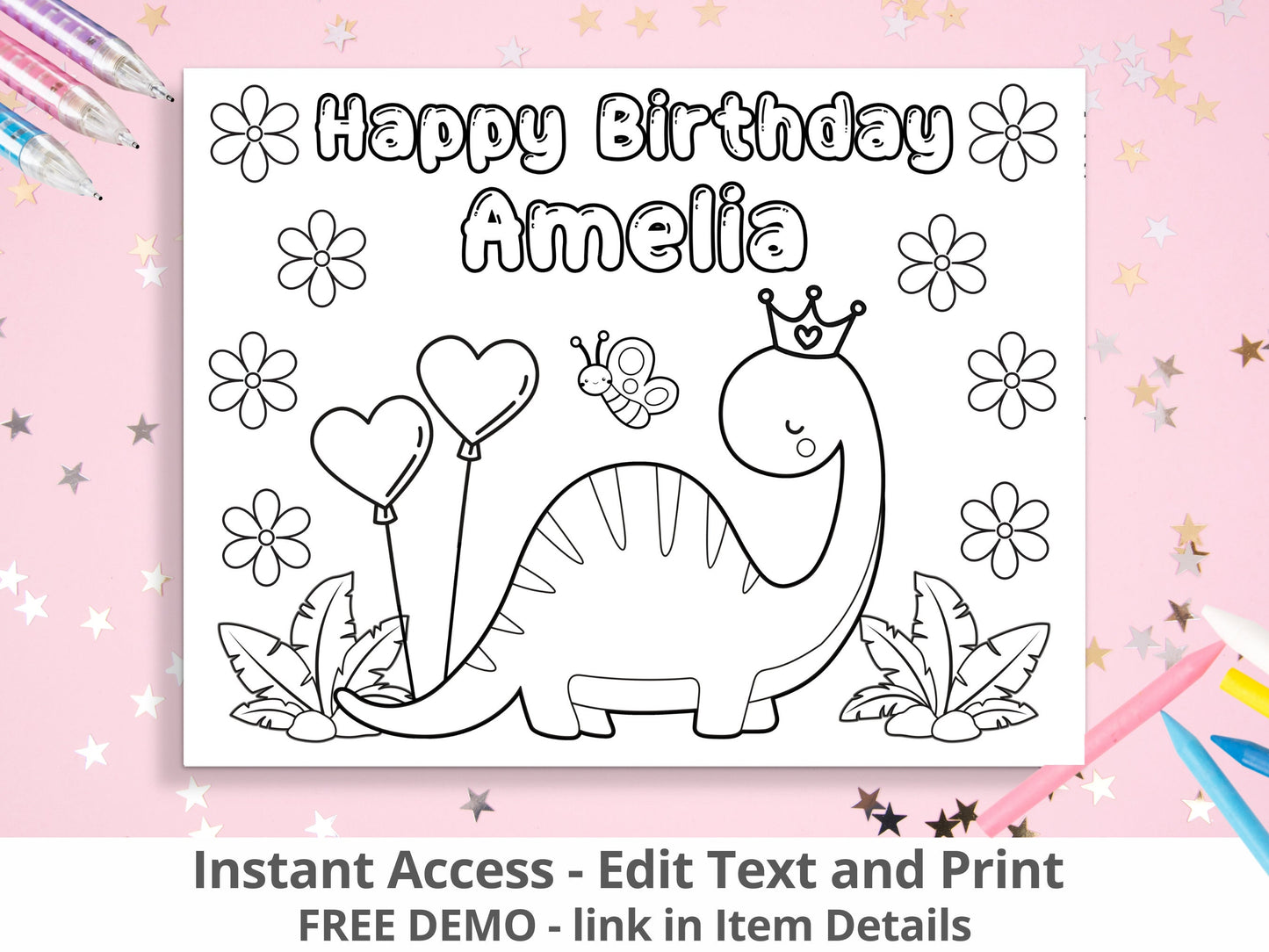 Dinosaur Birthday Coloring Sheet for Girls Dinosaur Party Cute Coloring Page Dinosaur Party Favor Printable Dino Birthday Activity to Print Graphic Tee – Premium Graphic · High-Quality Print