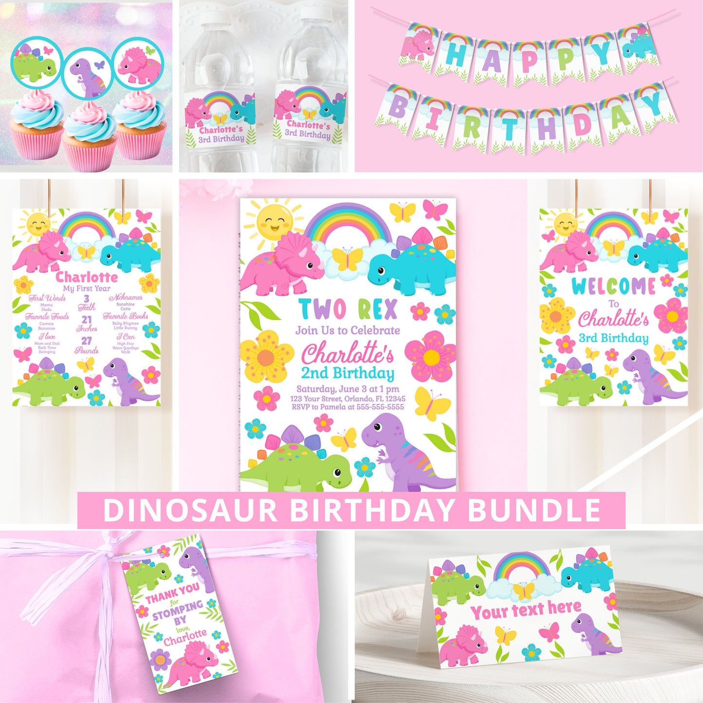 Two Rex Party Bundle Dinosaur Birthday Invitation Girl Dino Birthday Bundle Party Decorations Pink Two Rex Invitation 2nd Birthday DIN3 Graphic Tee – Soft Feel · Must-Have Style