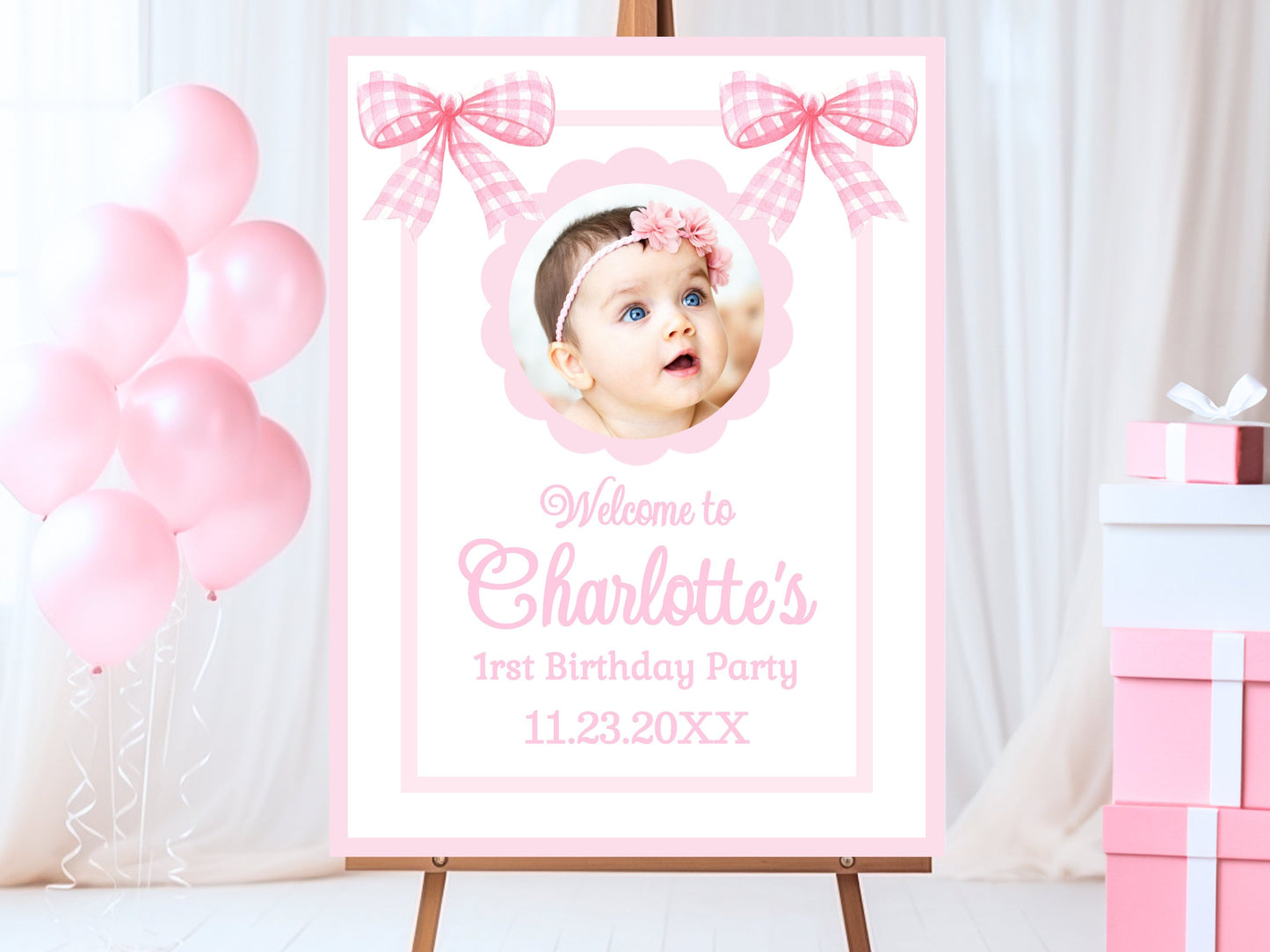 Pink Bow Birthday Sign Classic Pink and White First Birthday Pink Bow Party Sign Pink Bow Watercolor Girl First Birthday Welcome Sign PINK1 Graphic Tee – Feel-Good Design · Trending Graphic Apparel