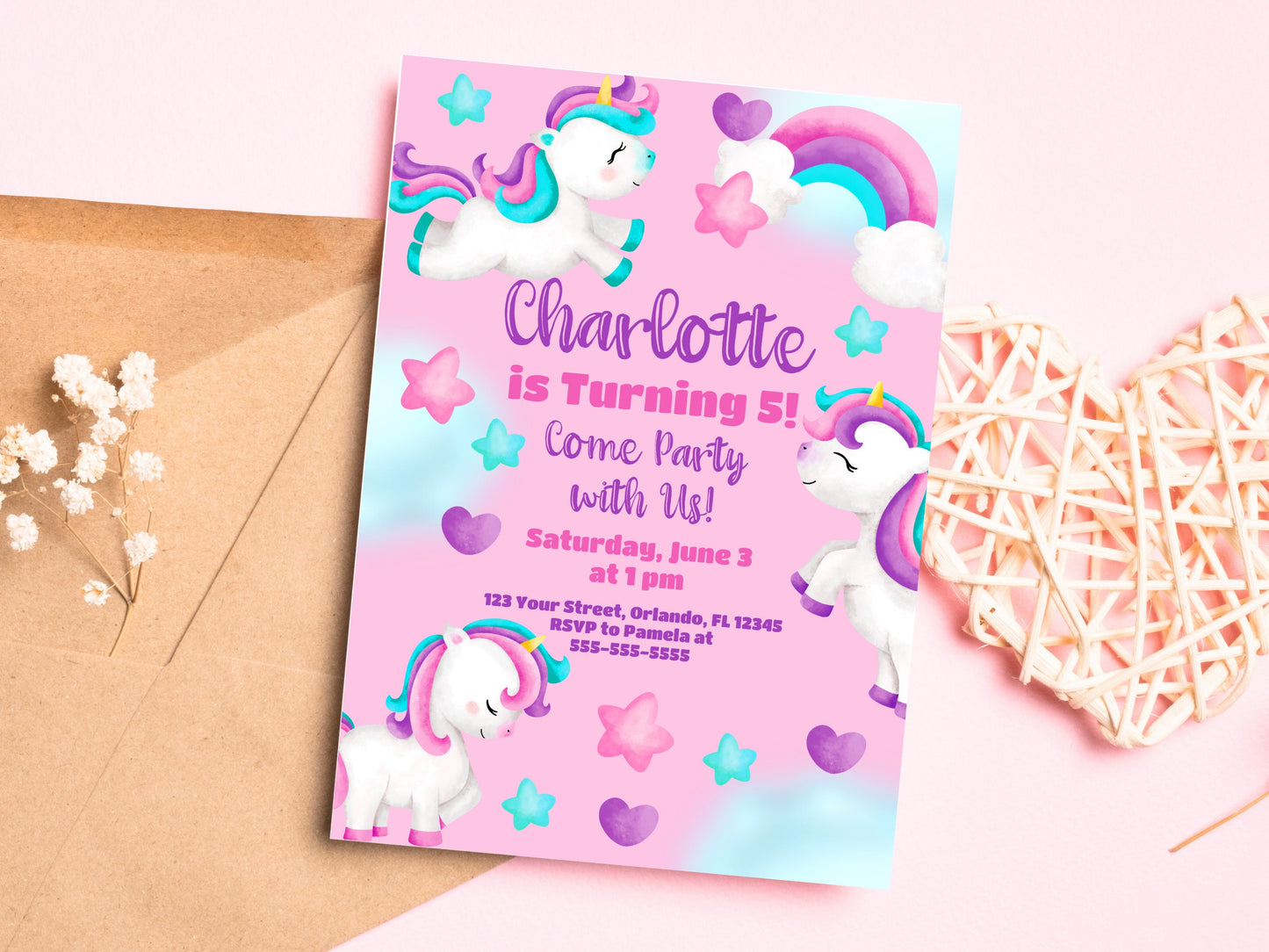 Cute Unicorn Invitation Pink Girls Birthday Unicorn Party Invite Pink Unicorn Invitation Editable Party Invitations Kids Printable UNI4 Graphic Tee – Aesthetic Look · Trending Graphic Apparel
