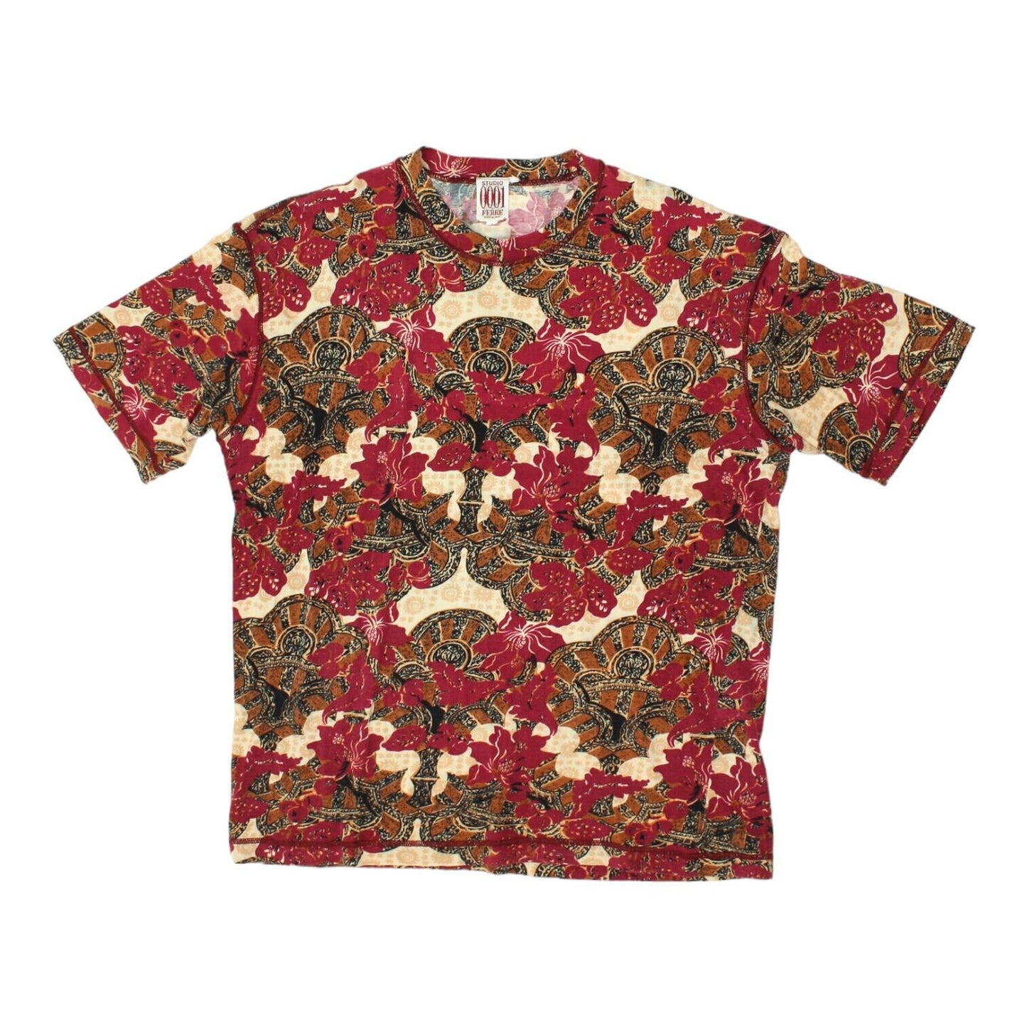 Studio 0001 Ferre Mens Red All Over Print Tshirt Vintage High End Designer VTG Graphic Tee – Cozy Vibes · High-Quality Print