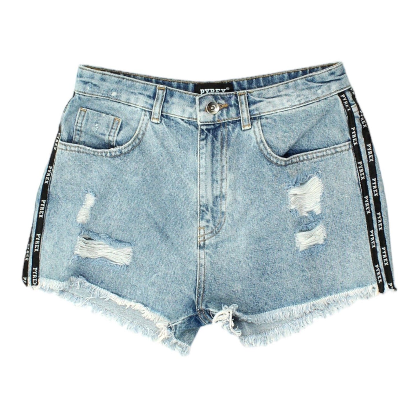 Pyrex Womens Blue Distressed Denim Hot Pants Vintage Designer Summer Shorts Graphic Tee – Bold Style · Trending Graphic Apparel