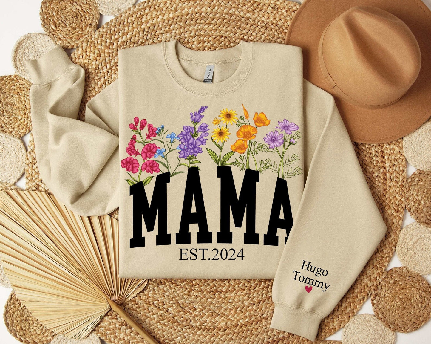 Custom Floral Mama Est Sweatshirt With Kids Name On Sleeve Wildflowers Mom Sweater Personalized Mom Hoodie Mothers Day Gift New Mom Gift Hoodie – Aesthetic Look · Top Pick For Any Outfit