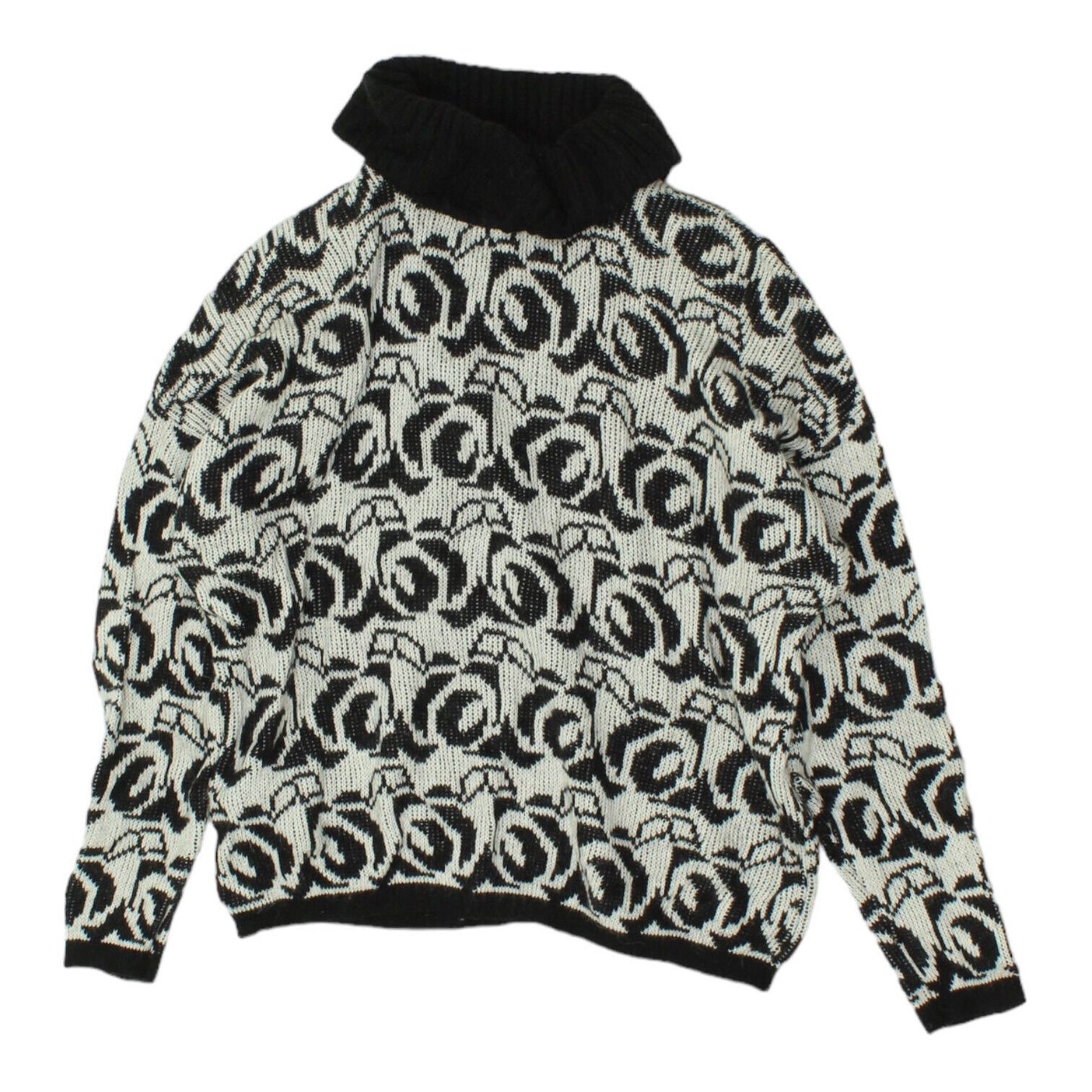 Benetton Womens White Black Patterned Roll Neck Jumper Vintage Designer VTG Graphic Tee – Fan Favorite · Top Pick For Any Outfit