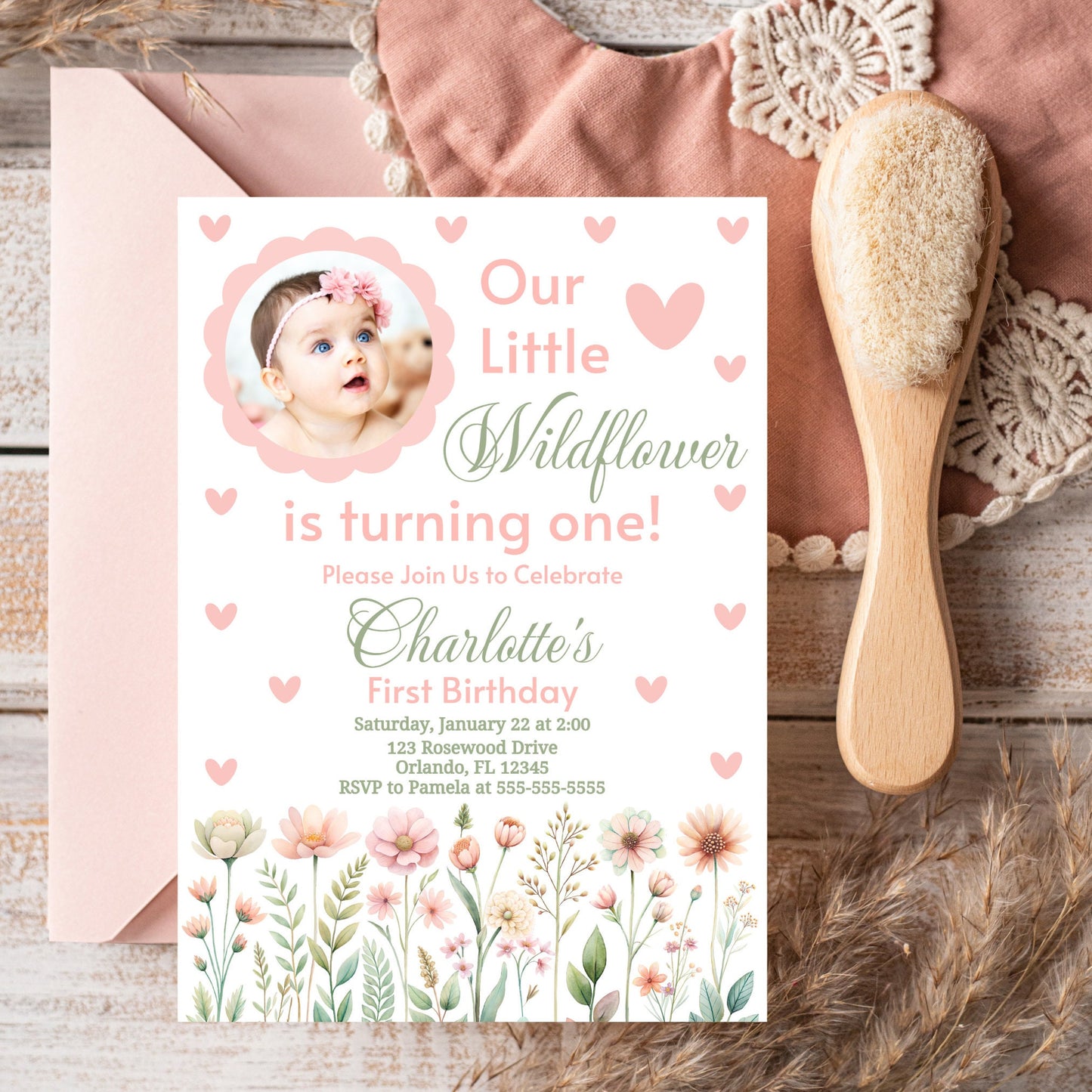 Our Little Wildflower Is Turning One Invitation Wildflower Birthday Invitation Template Girl First Birthday Invite with Photo Girl 1st WL23 Graphic Tee – Soft Feel · High-Quality Print