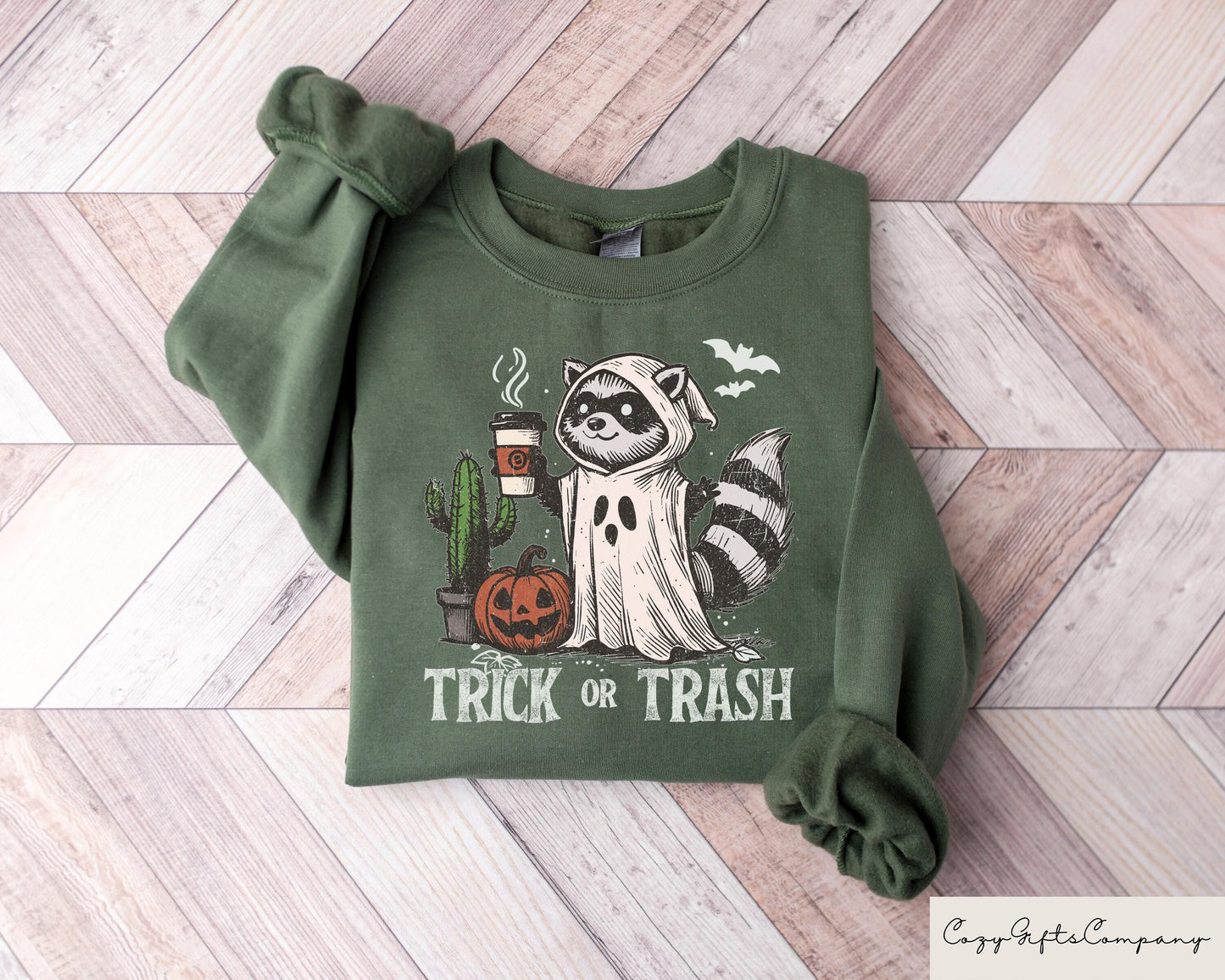 Trick Or Trash Sweatshirt Ghost Raccoon Drinking Coffee Tshirt Spooky Season Raccoon Tee Halloween Raccoon Tshirt Halloween Pumpkin Gift Sweatshirt – Feel-Good Design · High-Quality Print