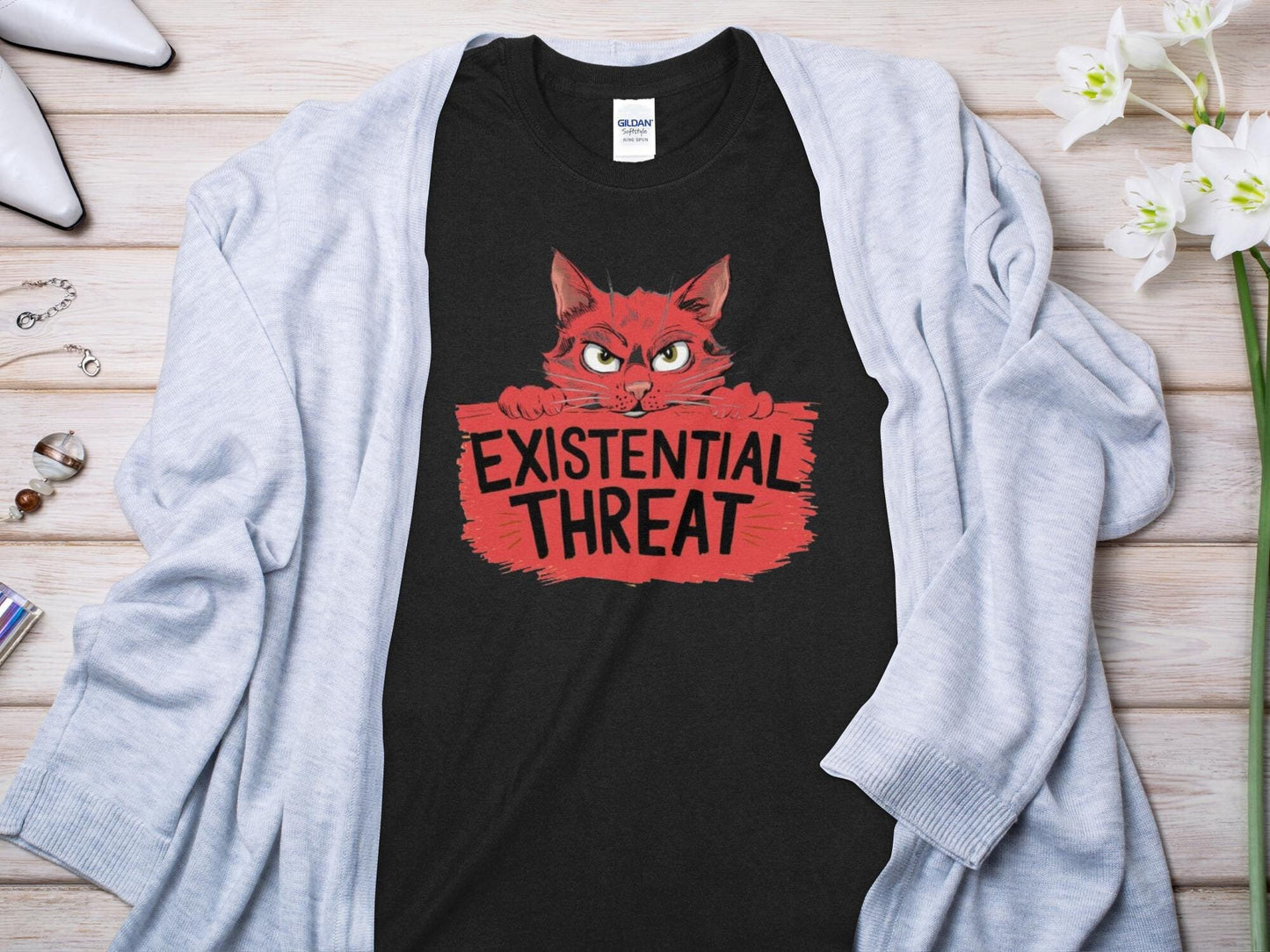 Existential Threat Cat T Shirt Funny Cat Graphic Tee Humorous Cat Lover Shirt Statement Tee for Cat Enthusiasts Cool Cat Design Graphic Tee – Premium Graphic · High-Quality Print