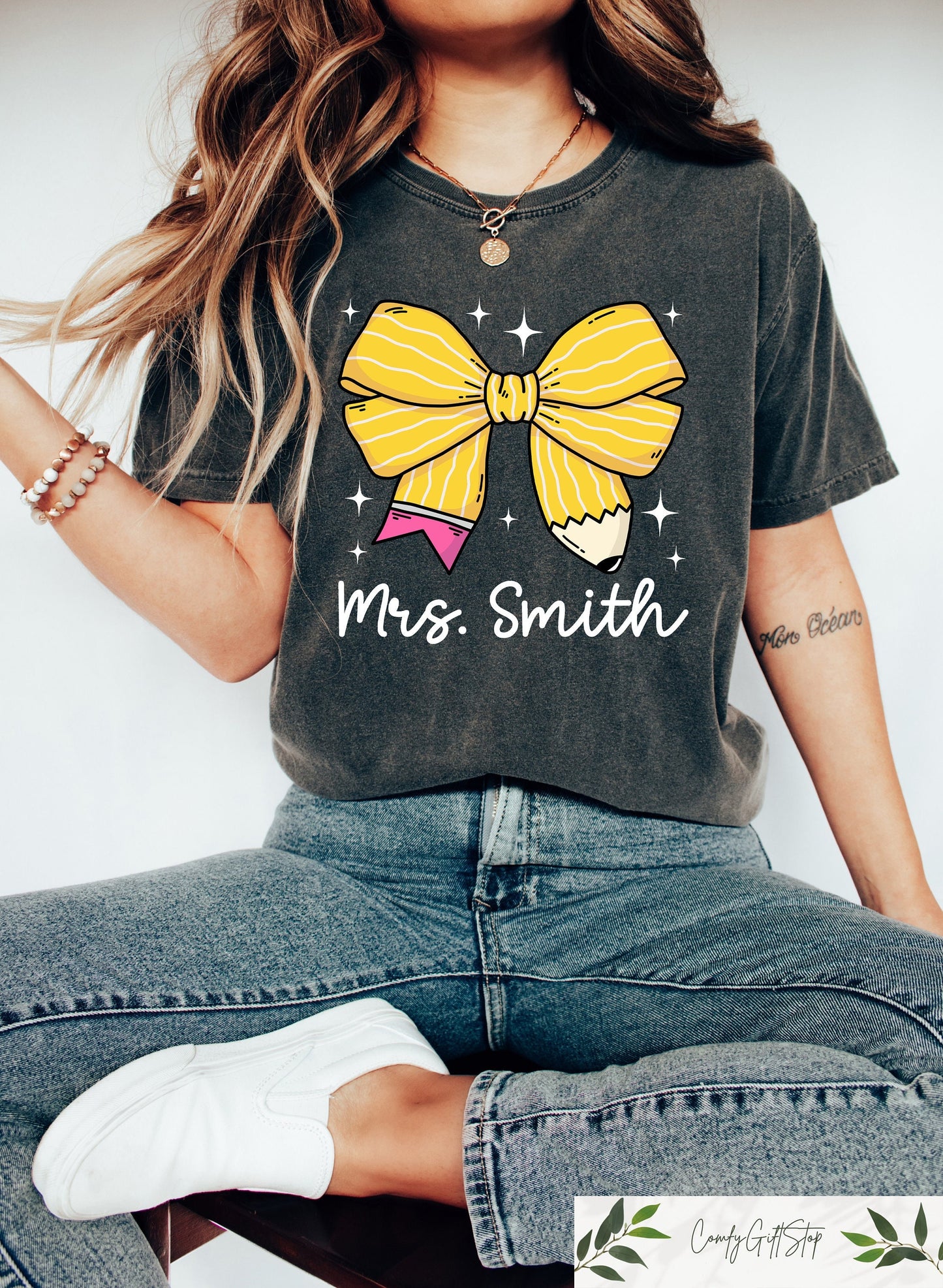 Personalized Back to School Teacher T Shirt Retro Teacher Coquette Pencil Bow Tee First Day of School Teacher Gift Teacher Matching Tees Graphic Tee – Aesthetic Look · Top Pick For Any Outfit