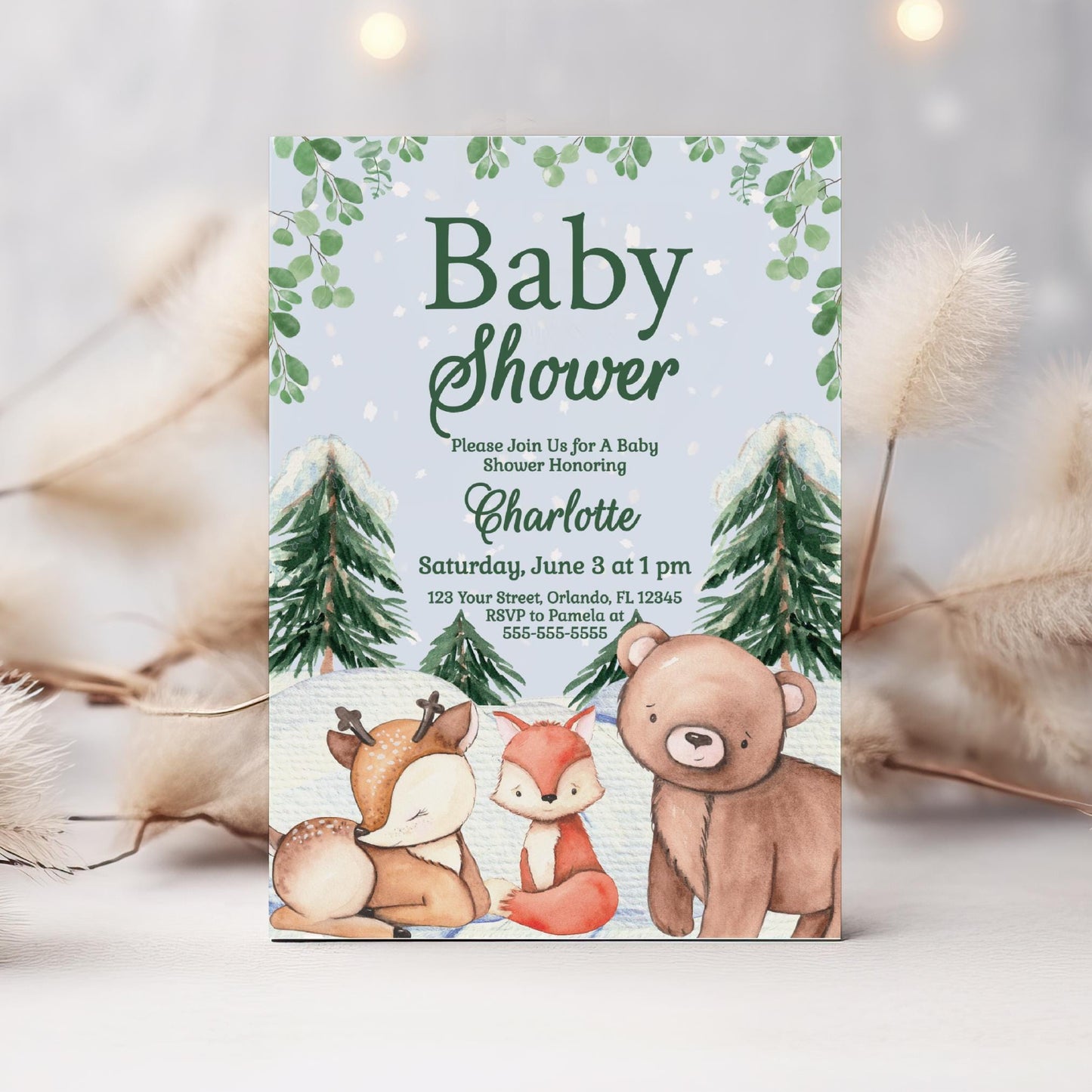 Winter Woodland Baby Shower Invitation Winter Baby Shower Woodland Animals Baby Shower Forest Baby Shower Boy Christmas Shower invite WL5 Graphic Tee – Feel-Good Design · Trending Graphic Apparel
