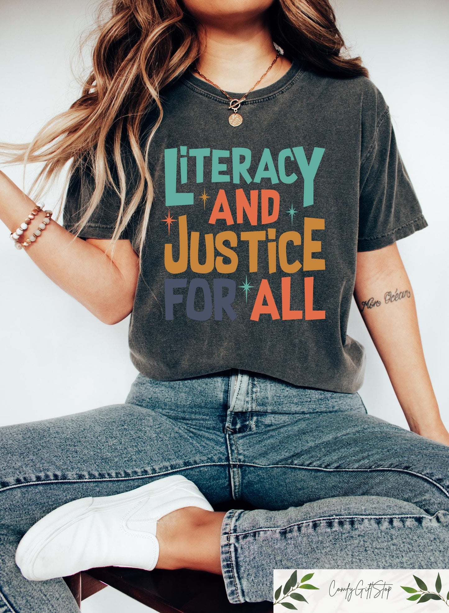 Reading Shirt For Women Literacy And Justice For All Teacher Shirt Book Club Shirt Reading Teacher Shirt School Librarian Gift Graphic Tee – Easygoing Wear · Top Pick For Any Outfit