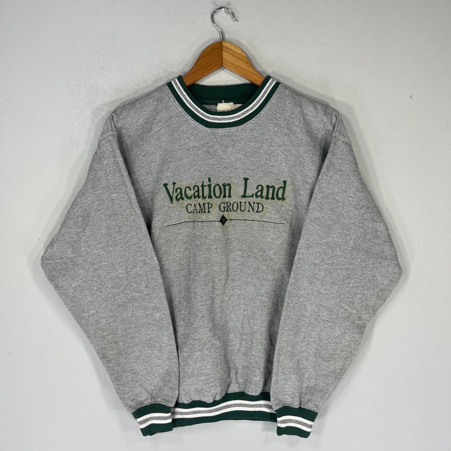 Vintage Brazos Tag Vacation Land Camp Ground Spellout BigLogo Embroidered Sweatshirt Crewneck Sweater Vacation Cam Colour Gray Size Medium Sweatshirt – Aesthetic Look · Must-Have Style
