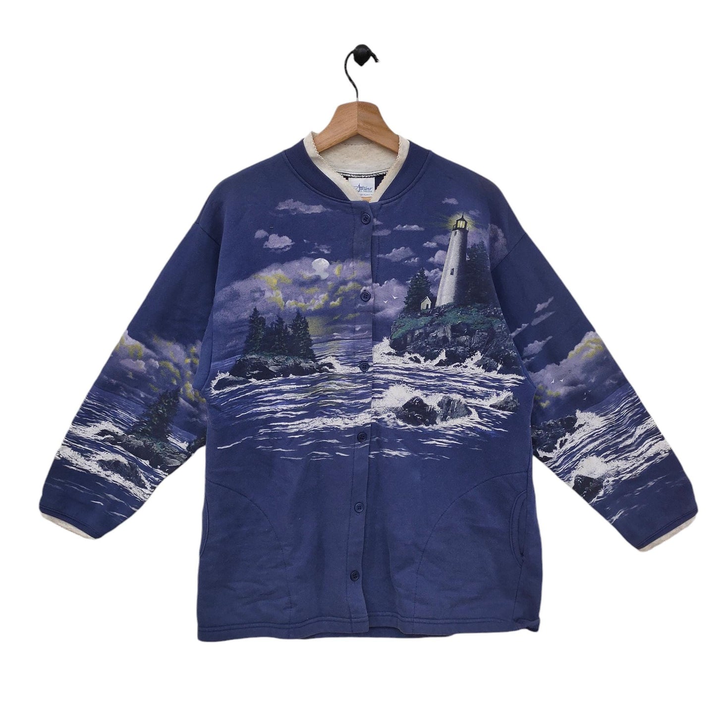 90s Artisans Sunschein Cardigan Sweater Vintage Lighthouse Sweatshirt Pop Art Navy Blue Sweatshirt – Everyday Comfort · Great Gift For Fans