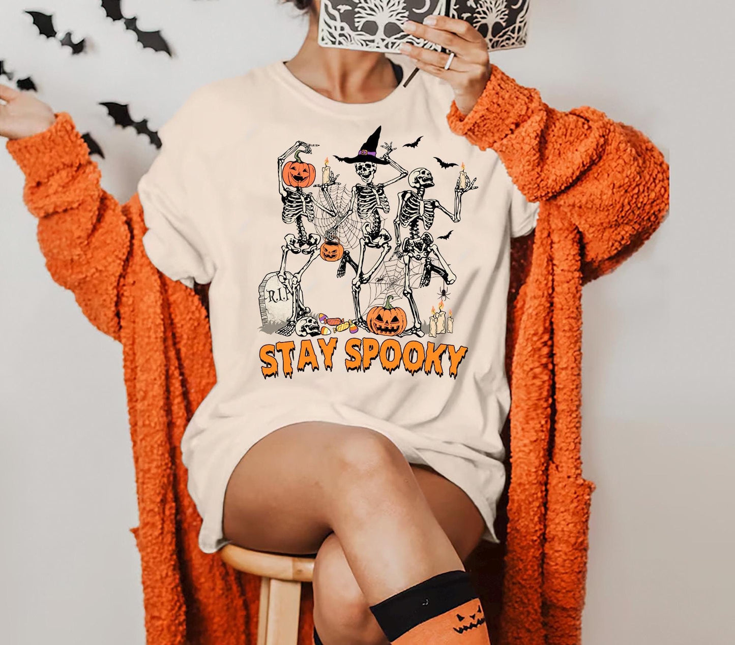 Stay Spooky Tshirt Dancing Skeleton Halloween Shirt Funny Skeletons with Pumpkin T shirt Trick or Treat T shirt Spooky Halloween Graphic Tee Graphic Tee – Aesthetic Look · Great Gift For Fans