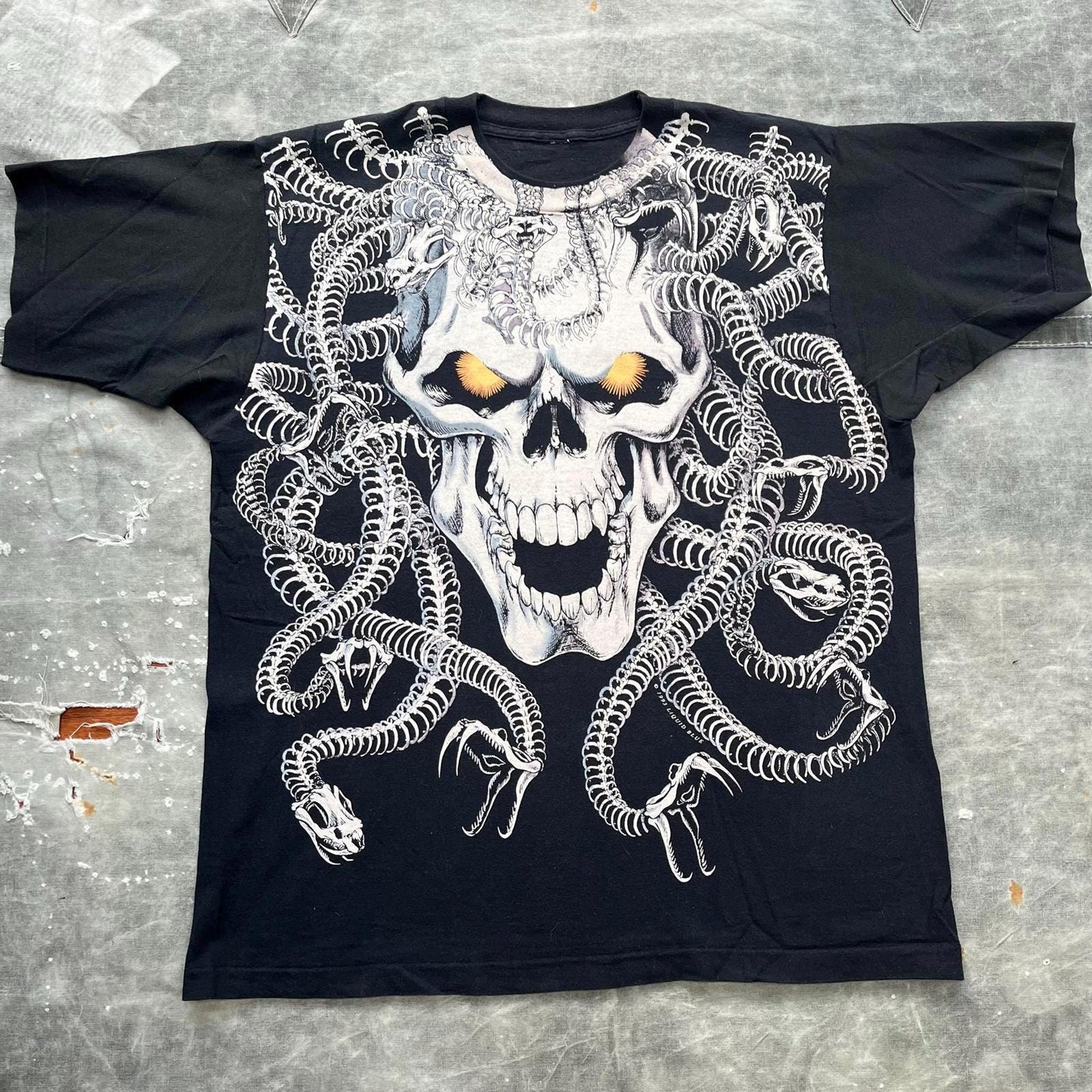 Vintage Liquid Blue Medusa Snake Skeleton Skull AOP Shirt Graphic Tee – Warm & Stylish · Top Pick For Any Outfit