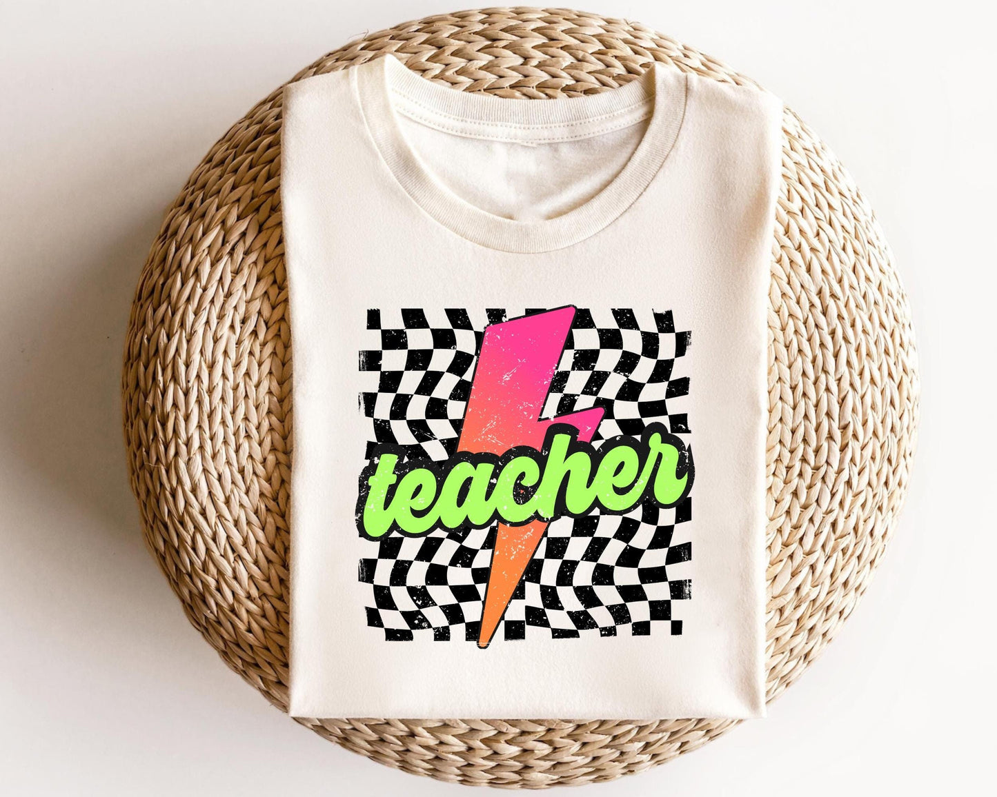 Retro Teacher Shirts Checkered Teacher TShirt Neon Teacher Back to School Neon Teacher Retro Teacher Shirts Graphic Tee – Warm & Stylish · Must-Have Style