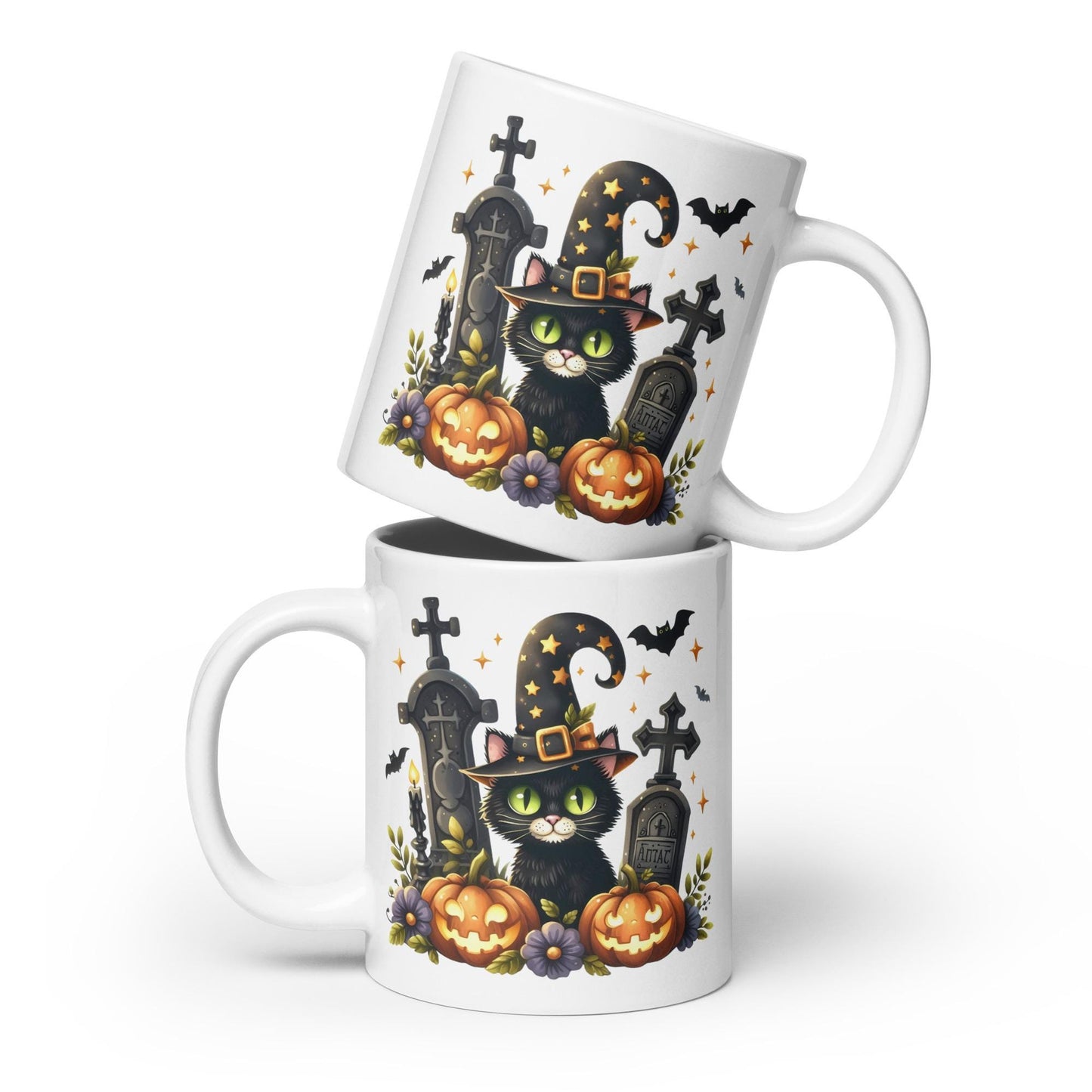 Adorably Spooky Black Kitty Witch Pumpkin Graveyard White glossy mug Graphic Tee – Everyday Comfort · Top Pick For Any Outfit