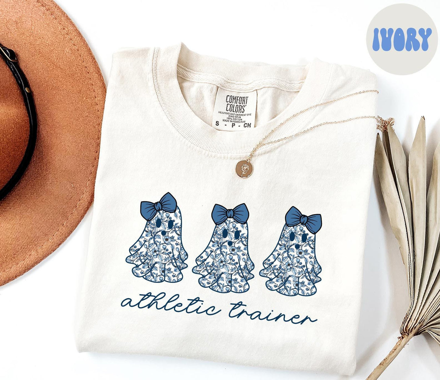 Athletic Trainer French Blue Toile Halloween Ghosts Coquette Floral Shirt Gifts Comfort Colors Tshirt Crewneck Tee Crew Neck Women Graphic Tee – Premium Graphic · Perfect For Daily Wear