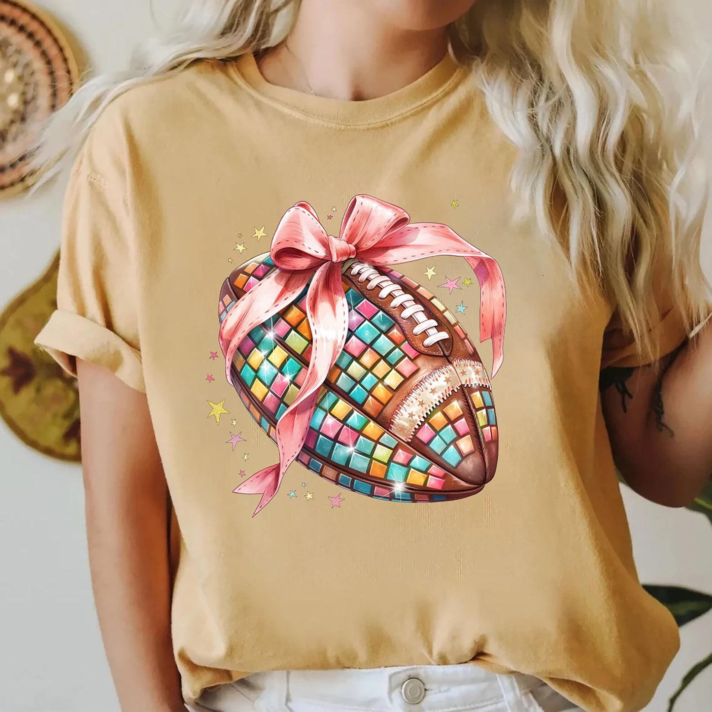 Football with Ribbon Shirt for Women and Teens Girly Football Season Oversized Tee Coquette Football Era T Shirt Fall Football Graphic Tee – Cozy Vibes · Perfect For Daily Wear