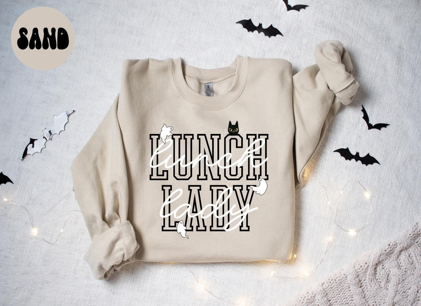 Lunch Lady Halloween Ghost Cat Sweatshirt Gifts for Her Funny Sweater Shirt Cozy Comfy Unique Sweatshirt – Everyday Comfort · High-Quality Print
