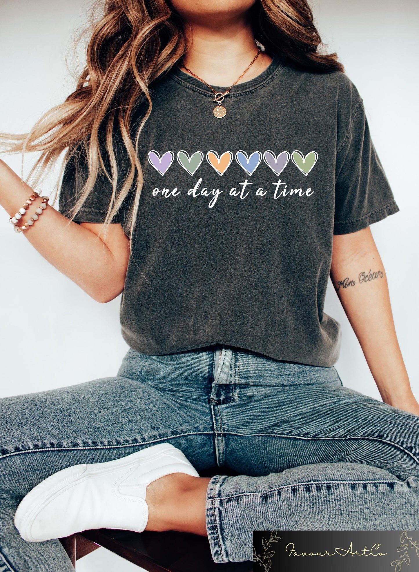 One Day At A Time Shirt Cute Hearts Tee Mental Health Awareness Sweatshirt Inspirational Shirt Motivational Quotes Aesthetic Woman Tee Sweatshirt – Warm & Stylish · Trending Graphic Apparel