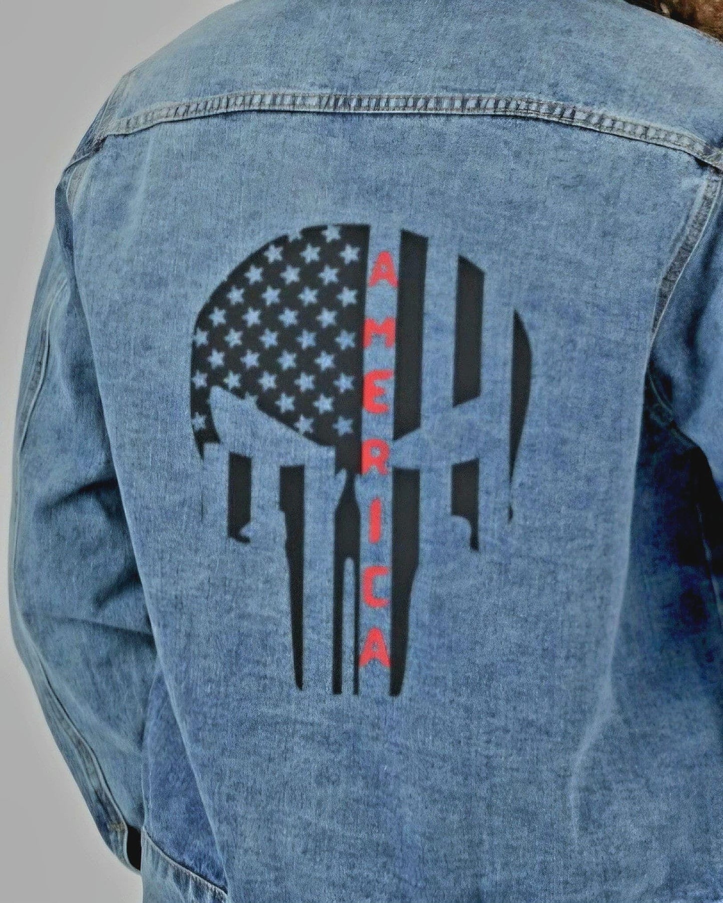 Men39s Denim Jacket America Patriotic Punisher Skull Jean Jacket Men39s Skull Coat Gift For Husband Father Birthday Graphic Tee – Easygoing Wear · Trending Graphic Apparel