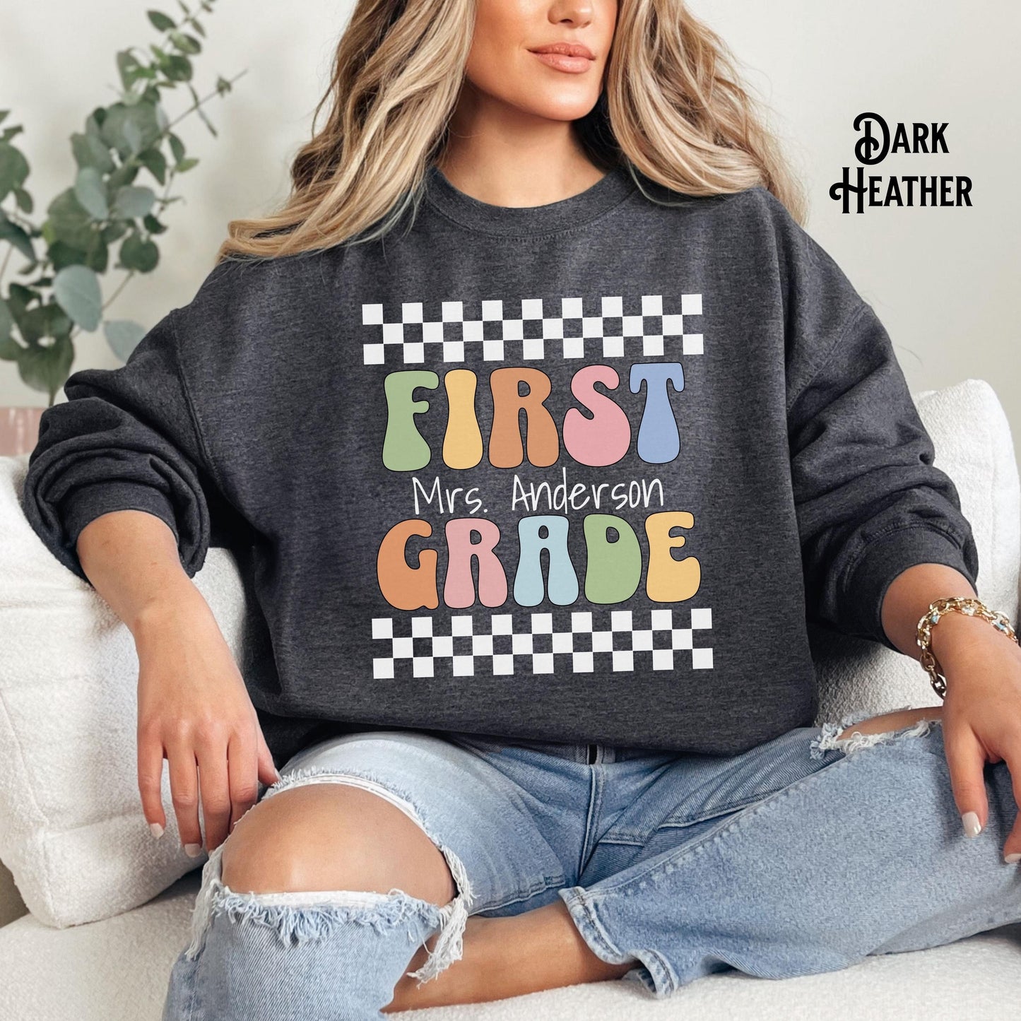 Custom Teacher Sweatshirt Checkered Retro First Grade Second Grade Third Grade Forth Grade Fifth Grade Kindergarten Personalized Sweatshirt – Premium Graphic · High-Quality Print