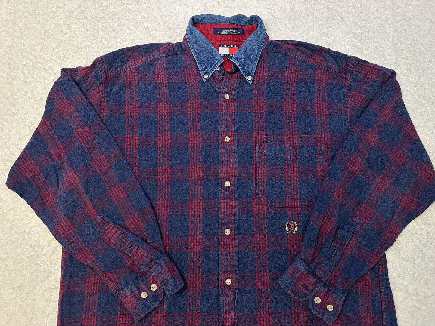 Vintage 1990s Tommy Hilfiger Embroidered Crest Denim Collar Flannel Shirt M L Graphic Tee – Cozy Vibes · Great Gift For Fans