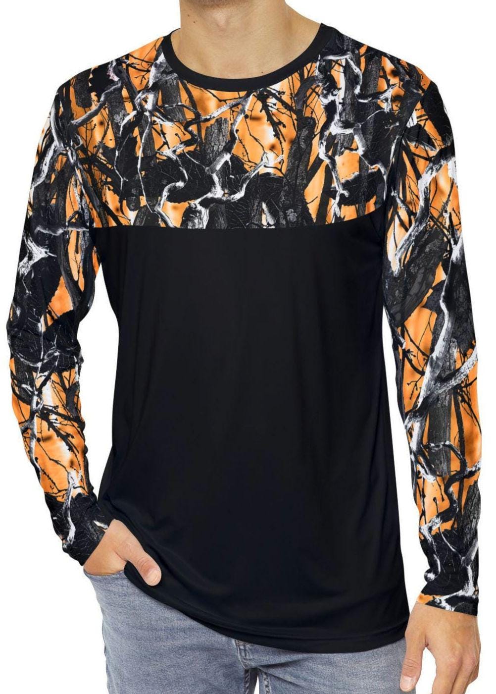 Men39s Camouflage Long Sleeve Shirt Hunting Camo Tee Hiking Camo Top Solid Black Bottom Men39s Hunting Apparel Camping Hiking Shirt Graphic Tee – Soft Feel · Perfect For Daily Wear