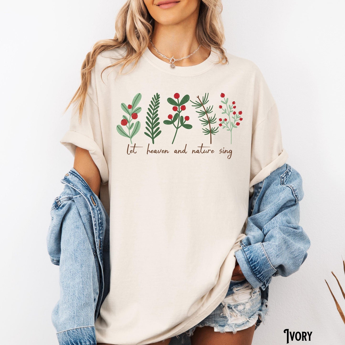 Christmas Christian Shirt Let Heaven and Nature Sing Joy to the World Nativity Baby Jesus Boho Botanical Faith Graphic Tee – Cozy Vibes · Great Gift For Fans
