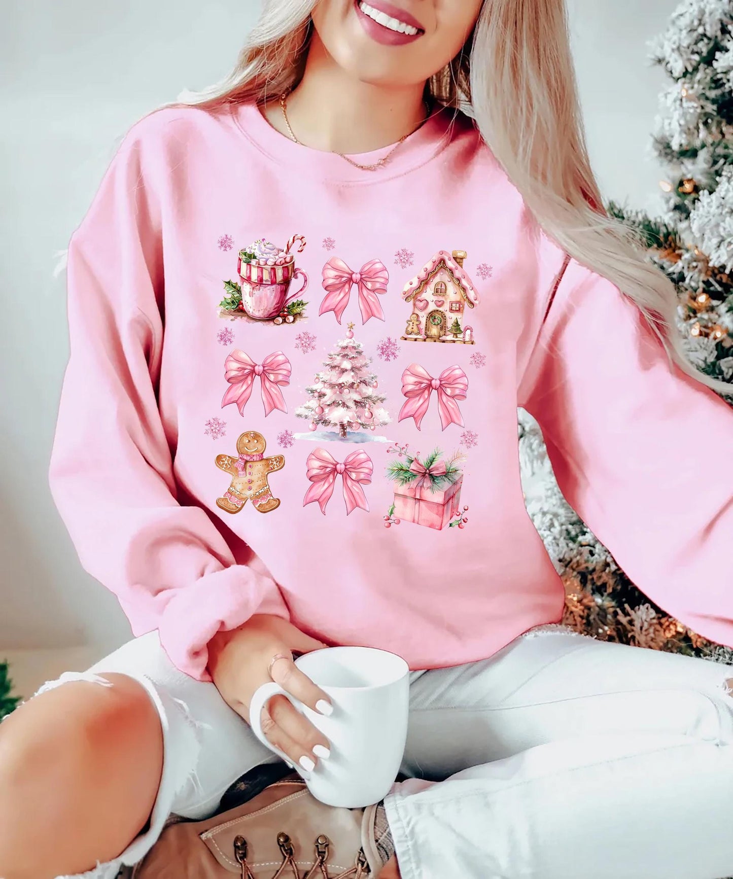 Pink Christmas Holiday Tshirt Winter Decoration Tee with Gingerbread Bow and Snowflakes Festive Christmas Tree Shirt Gift for Holiday Season Graphic Tee – Aesthetic Look · Must-Have Style