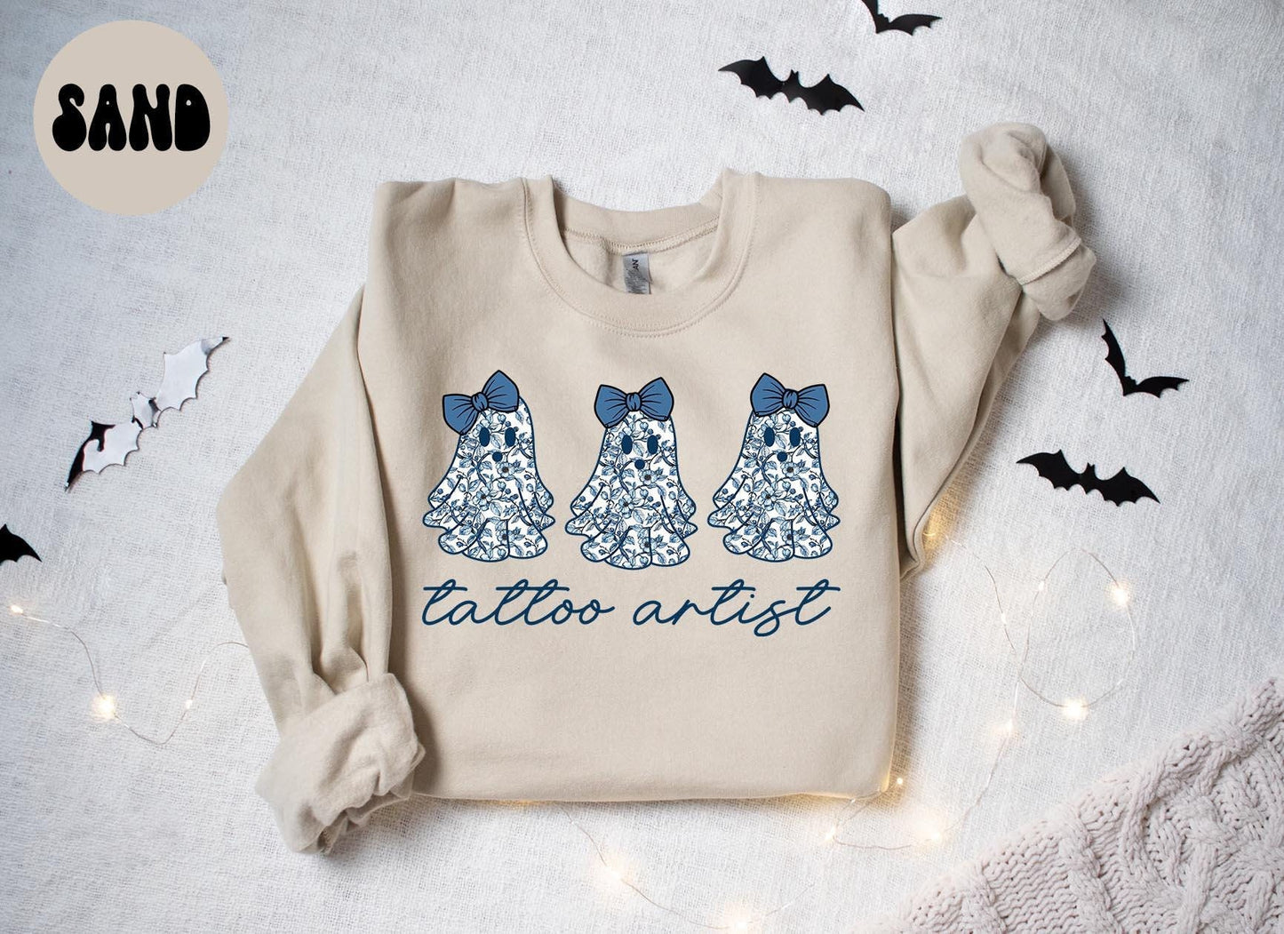 Tattoo Artist French Blue Toile Halloween Ghosts Coquette Floral Sweatshirt Gifts for Her Funny Sweater Shirt Cozy Comfy Unique Sweatshirt – Aesthetic Look · Great Gift For Fans