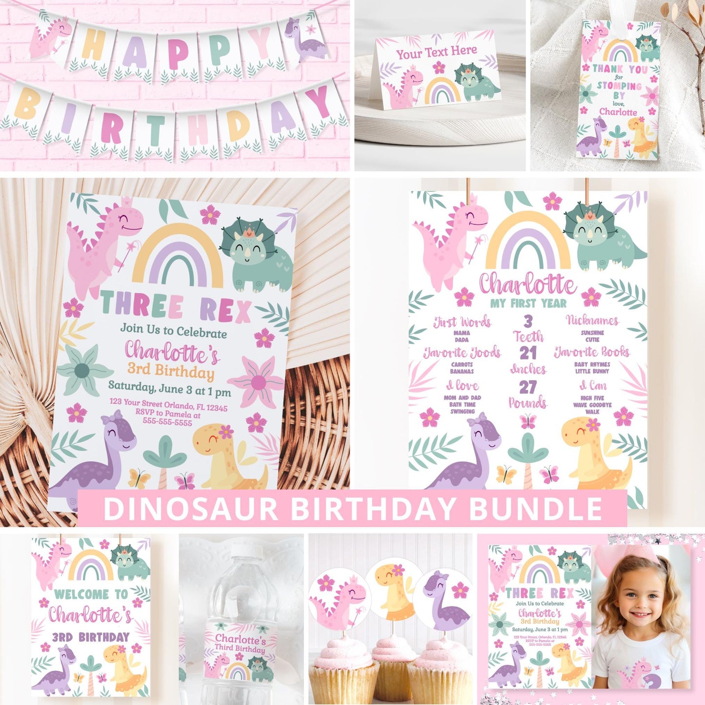 Girl Dinosaur Birthday Bundle Girl Dinosaur Party Decorations Dinosaur Invite Girl Dino Party Bundle Pink Dinosaur Party Three Rex DIN2 Graphic Tee – Aesthetic Look · Top Pick For Any Outfit