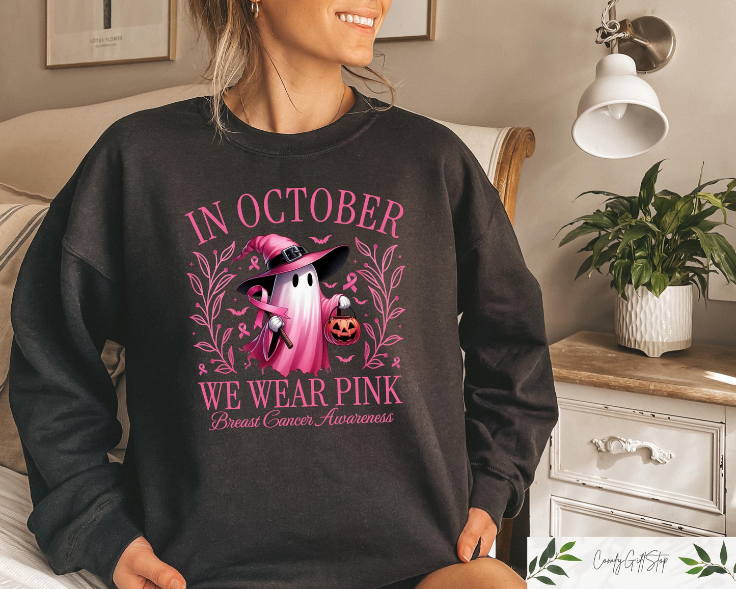 In October We Wear Pink Sweatshirt Breast Cancer Awareness Tshirt Fall Cancer Support Shirts Cancer Support Ghost Crewneck Sweatshirt – Cozy Vibes · Trending Graphic Apparel