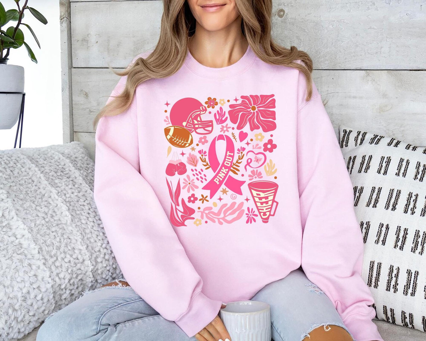 Pink Out Boho Breast Cancer Awareness Shirt Pink Ribbon Football Game Day Tee Floral Pink Out Sweatshirt Support Breast Cancer Fighters Sweatshirt – Fan Favorite · Perfect For Daily Wear