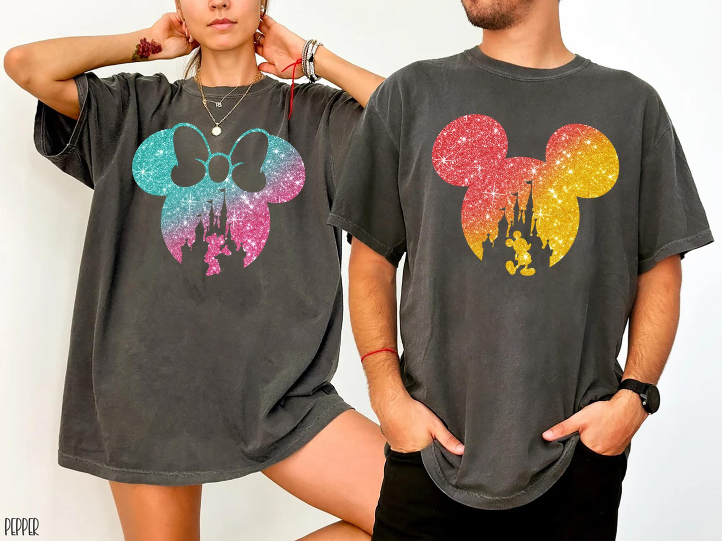 Mickey and Minnie Glitter Effect Castle Shirts Custom Disney Vacation Shirt Sparkly Disney Tee for Family Matching Disney Trip Shirt Gift Graphic Tee – Bold Style · Great Gift For Fans