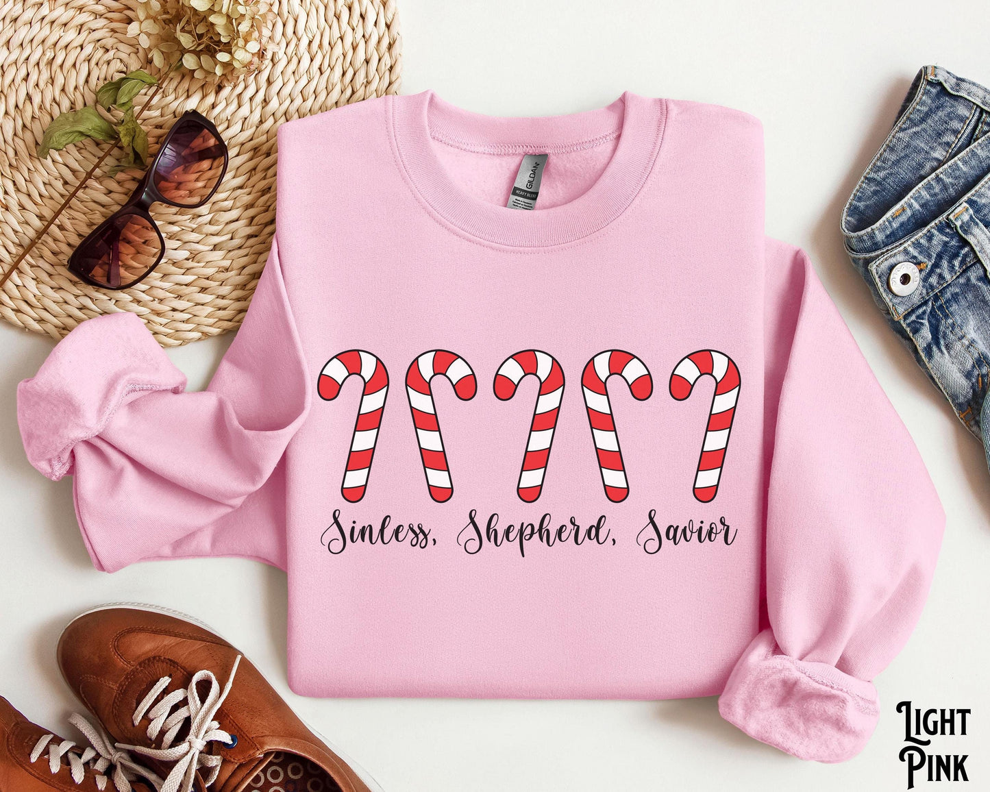 Christian Christmas Candy Cane Crewneck Sweatshirt Sinless Shepherd Savior Holiday Cozy Winter Bible Verse Scripture Jesus Sweatshirt – Cozy Vibes · Great Gift For Fans