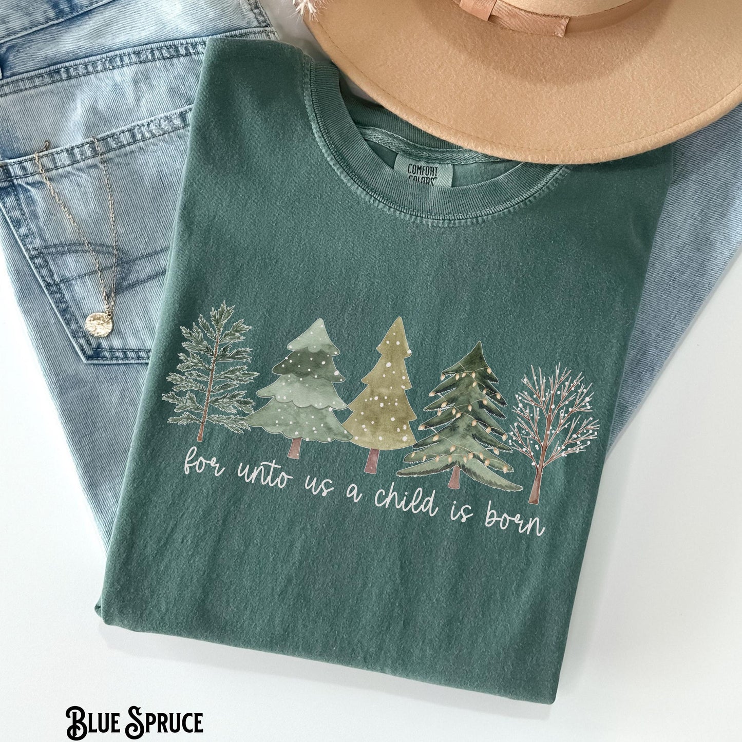 Christmas Christian Shirt Bible Verse Nativity Baby Jesus Boho Trees For Unto Us A Child Is Born Religious Faith Graphic Tee – Everyday Comfort · High-Quality Print