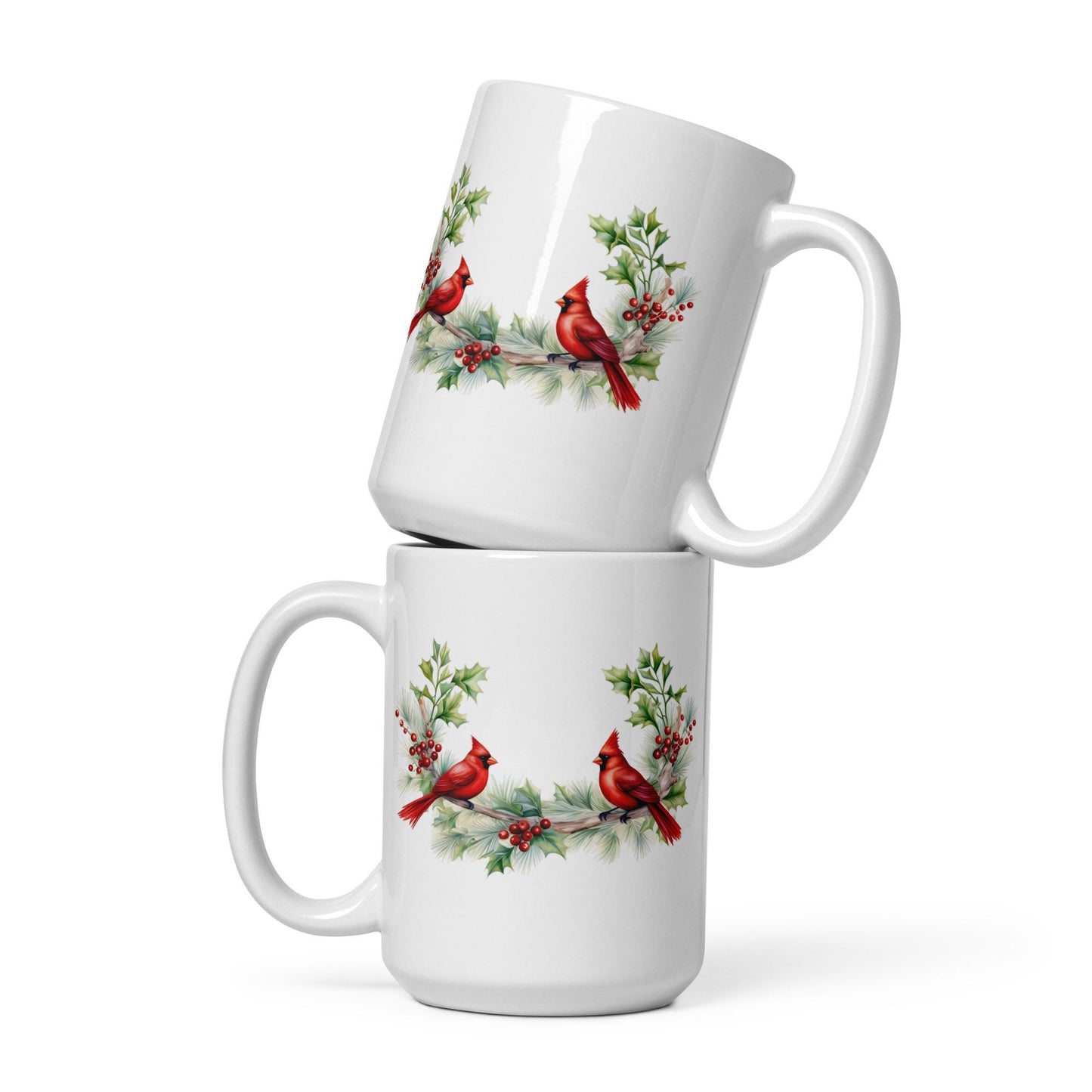 Beautiful Double Cardinal Christmas Pine Branch White glossy mug Graphic Tee – Warm & Stylish · Top Pick For Any Outfit
