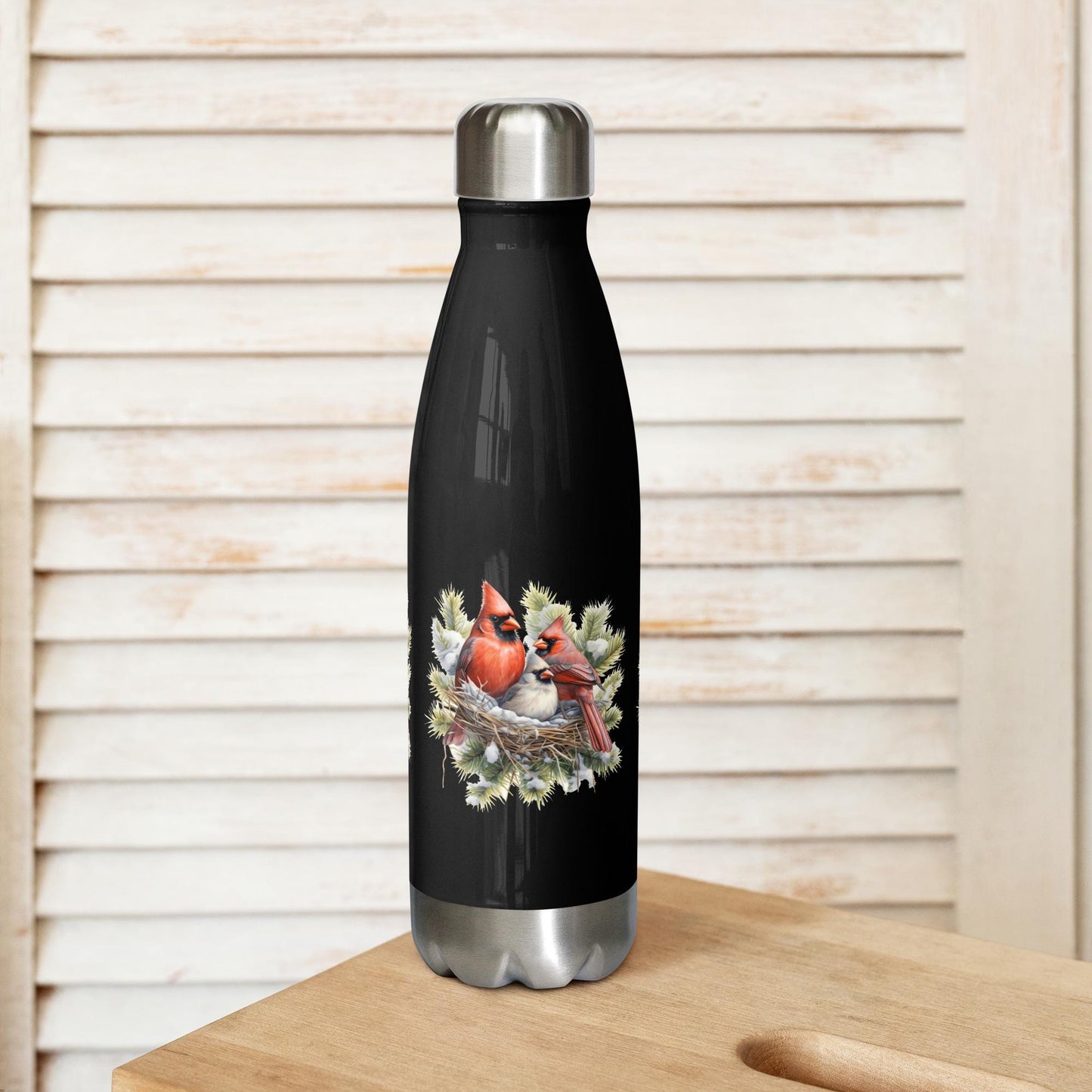 Beautiful Cardinal Family Holiday Pine Branch Snow Stainless steel water bottle Graphic Tee – Warm & Stylish · High-Quality Print