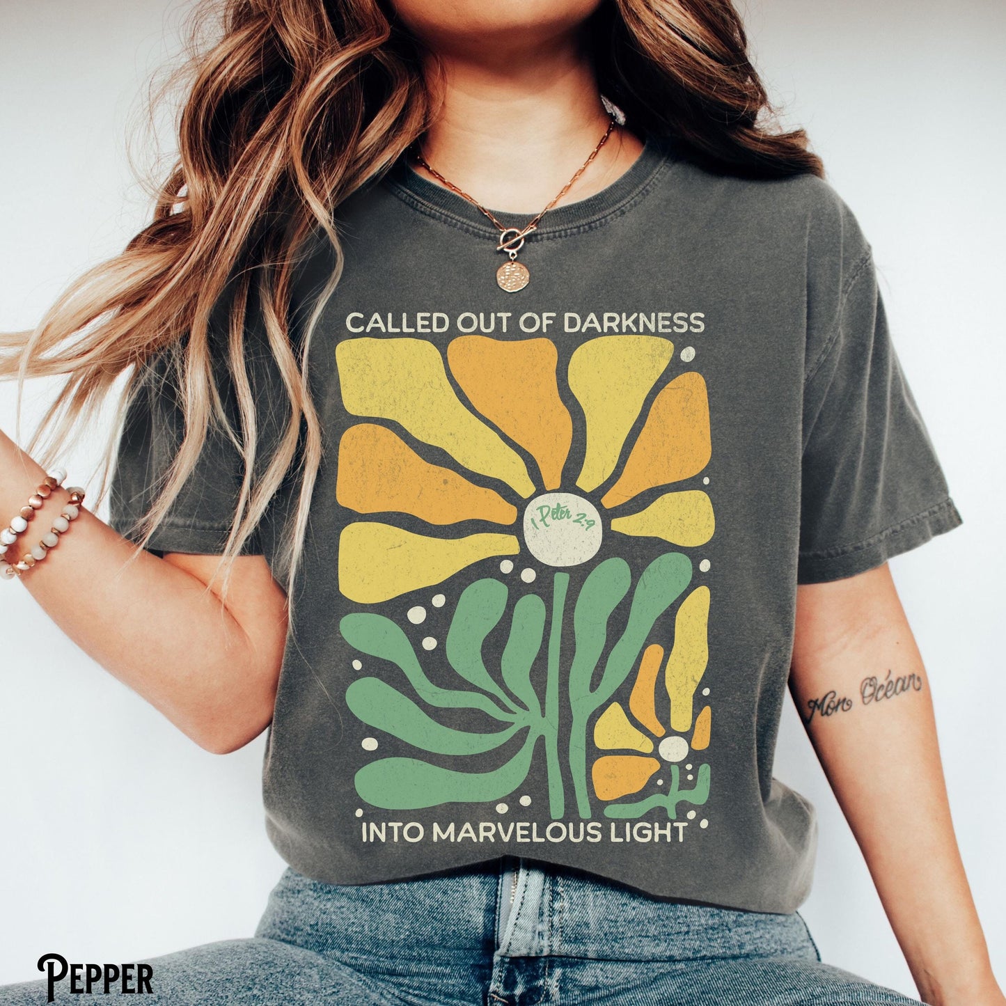 Christian Wildflower Shirt Called Out of Darkness Into Marvelous Light Floral Shirt Boho Flowers Faith Religious Gift Graphic Tee – Aesthetic Look · High-Quality Print