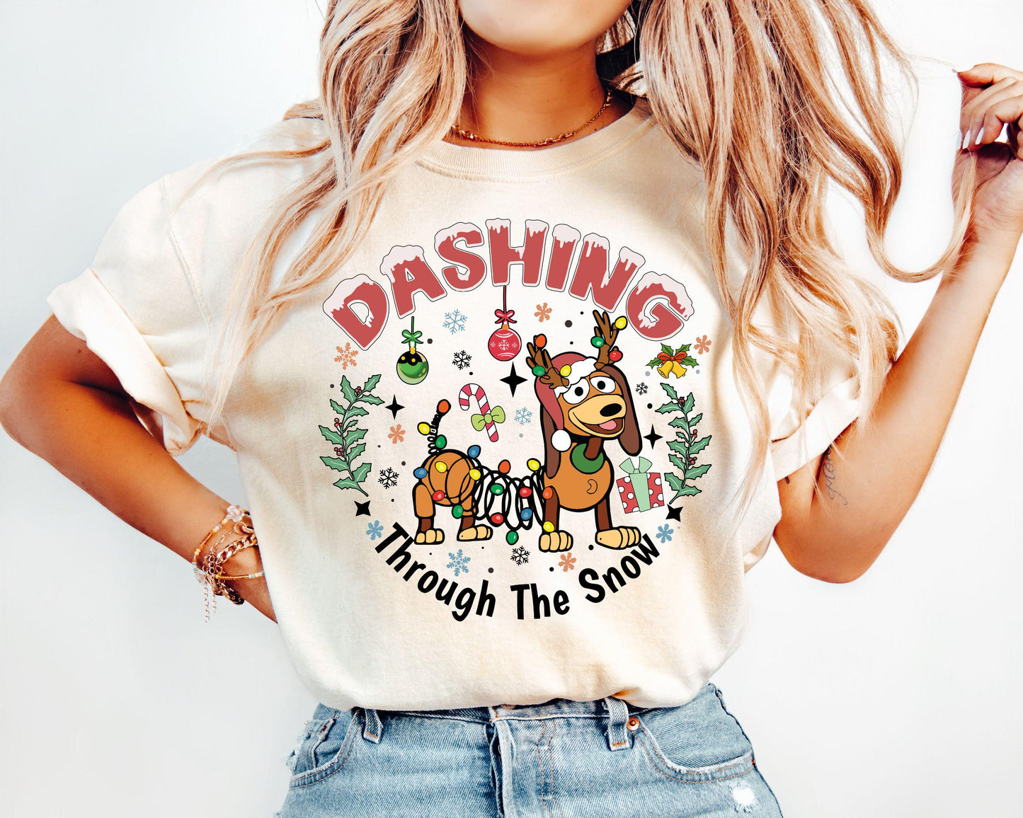 Dashing through The Snow Slink Dog Christmas Sweatshirt Disney Toy Story Merry Christmas Sweater Disneyland Family Christmas Trip Tee Sweatshirt – Fan Favorite · High-Quality Print