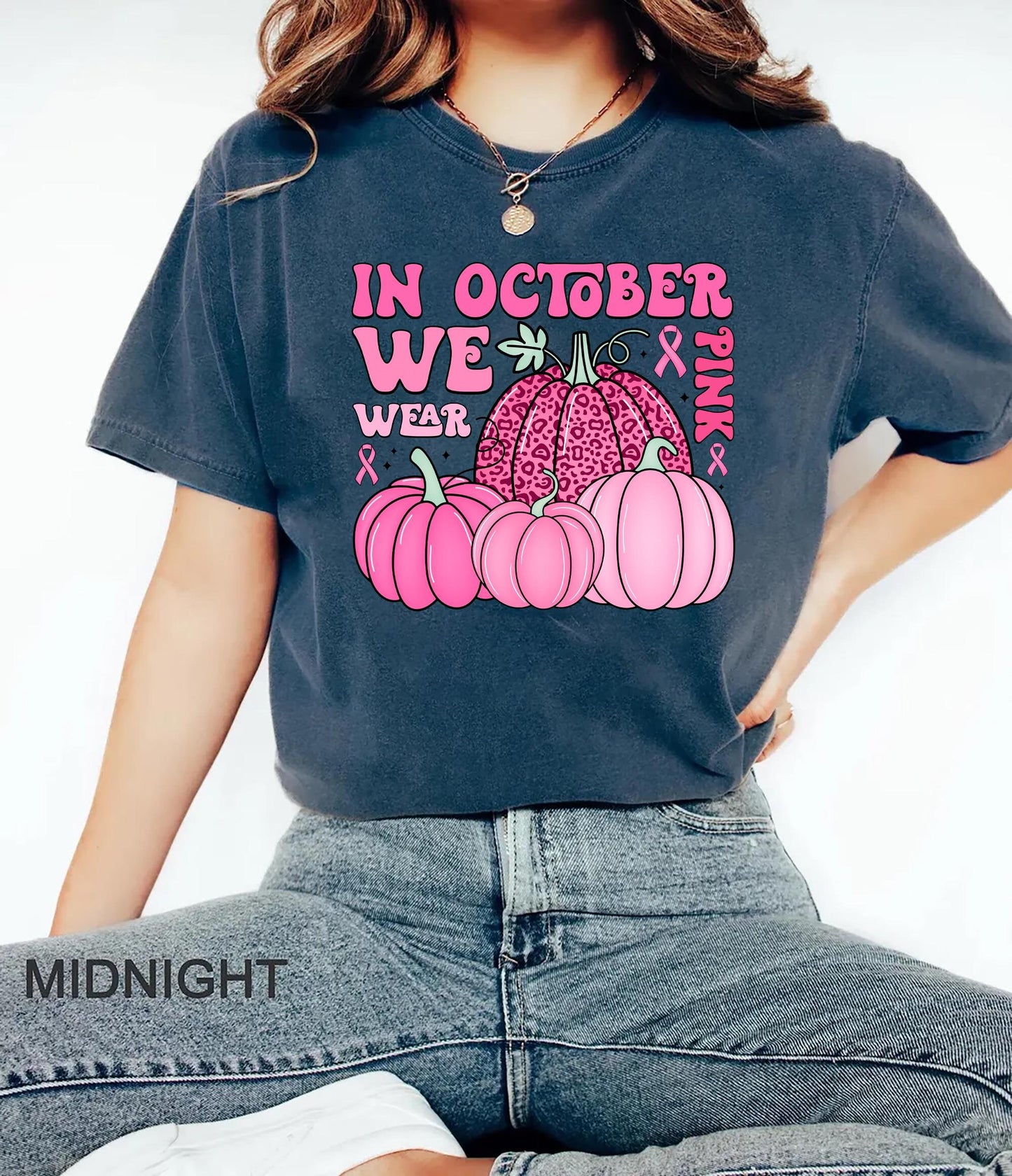 In October We Wear Pink Sweatshirt Breast Cancer Awareness Pink Pumpkin Shirt Halloween Pink Breast Cancer Shirt Support Ribbon Tee Gift Sweatshirt – Bold Style · High-Quality Print