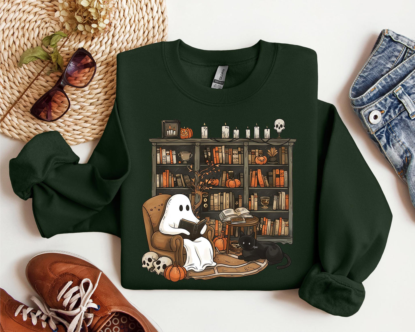 Ghost Reading Books Sweatshirt Librarian Ghost Halloween Halloween Teacher Sweatshirt Retro sweatshirt Book Lover Halloween GiftSweater Sweatshirt – Soft Feel · Trending Graphic Apparel