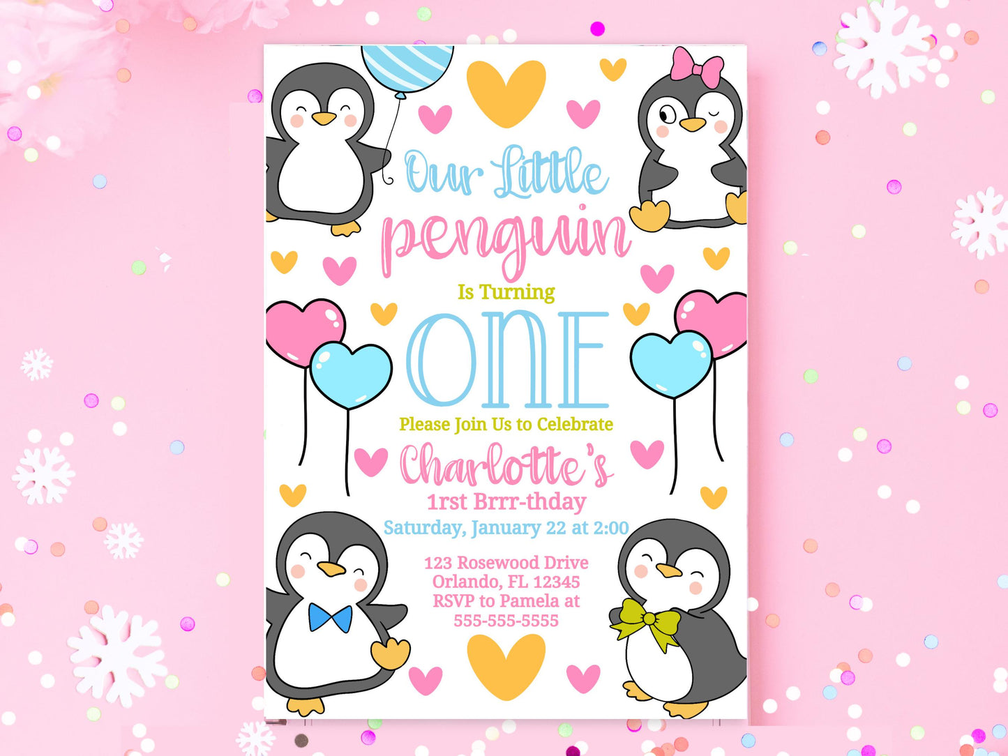 Penguin Birthday Party Invite Penguin Party Invitation 1st Birthday Invite Winter Party Invite Girl Birthday Invite Editable Template Graphic Tee – Aesthetic Look · High-Quality Print