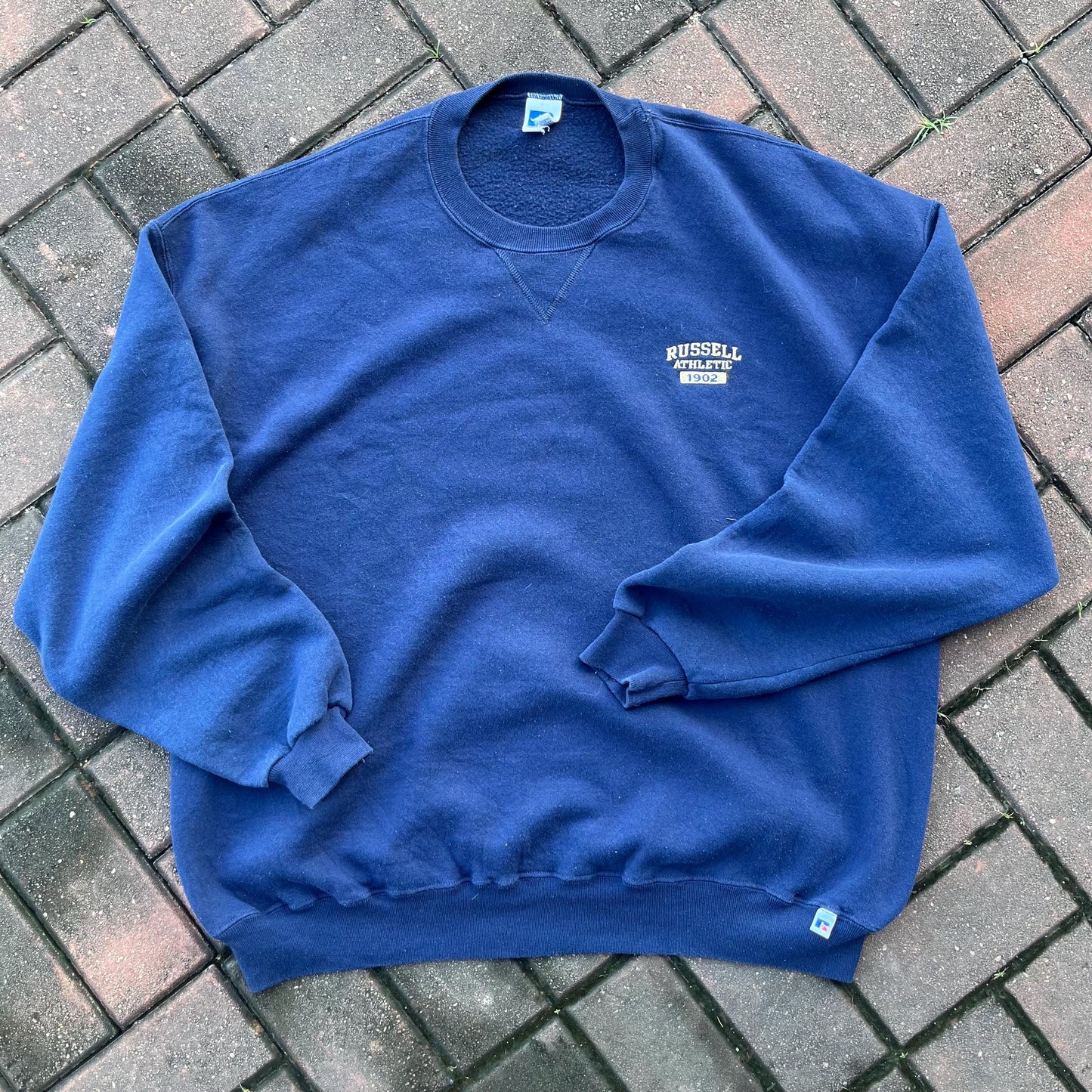Vintage 90s Russell Tag Russell Athletic Spellout Small Logo Printed Sweatshirt Crewneck Pullover Sweater Russell Colour NavyBlue Size 3X L Sweatshirt – Feel-Good Design · High-Quality Print