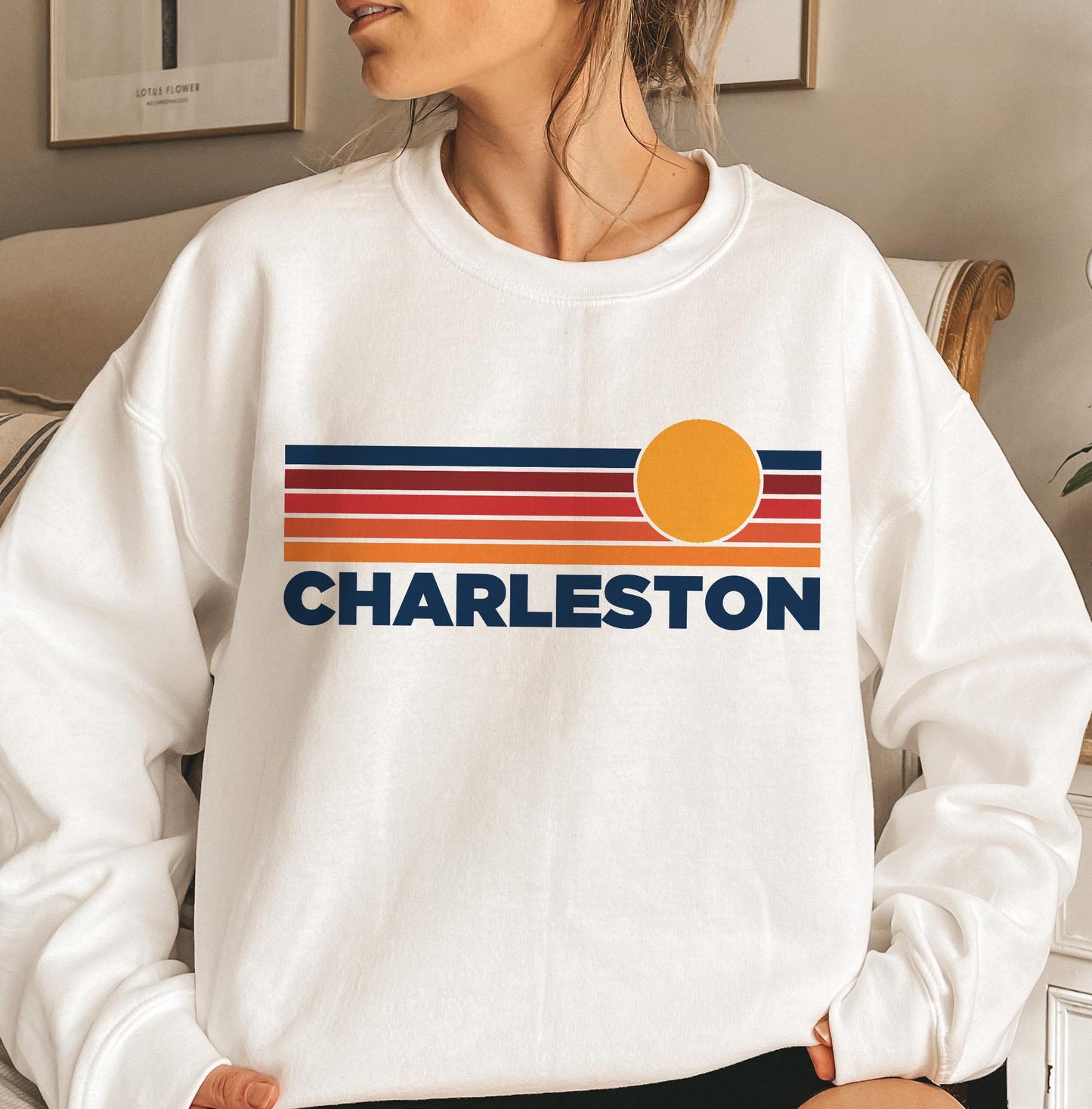 Charleston South Carolina Sweatshirt Retro Sun Unisex Charleston Vintage Inspired Warm Pullover Jumper Personalization Available Sweatshirt – Warm & Stylish · Great Gift For Fans
