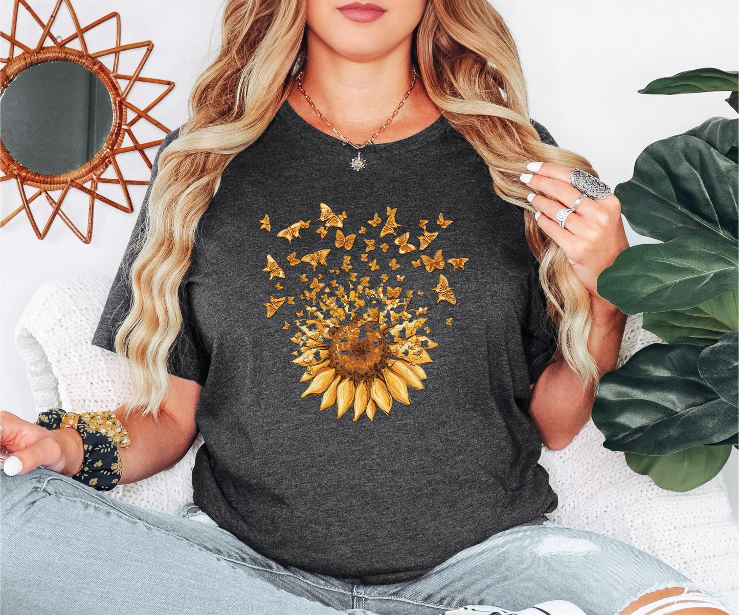 Sunflower Butterfly Shirt Butterfly Tee Mothers Day Gift Shirt Sunflower Shirt Floral V neck Flowers Gift T shirt trendy Shirt Womens Graphic Tee – Easygoing Wear · High-Quality Print