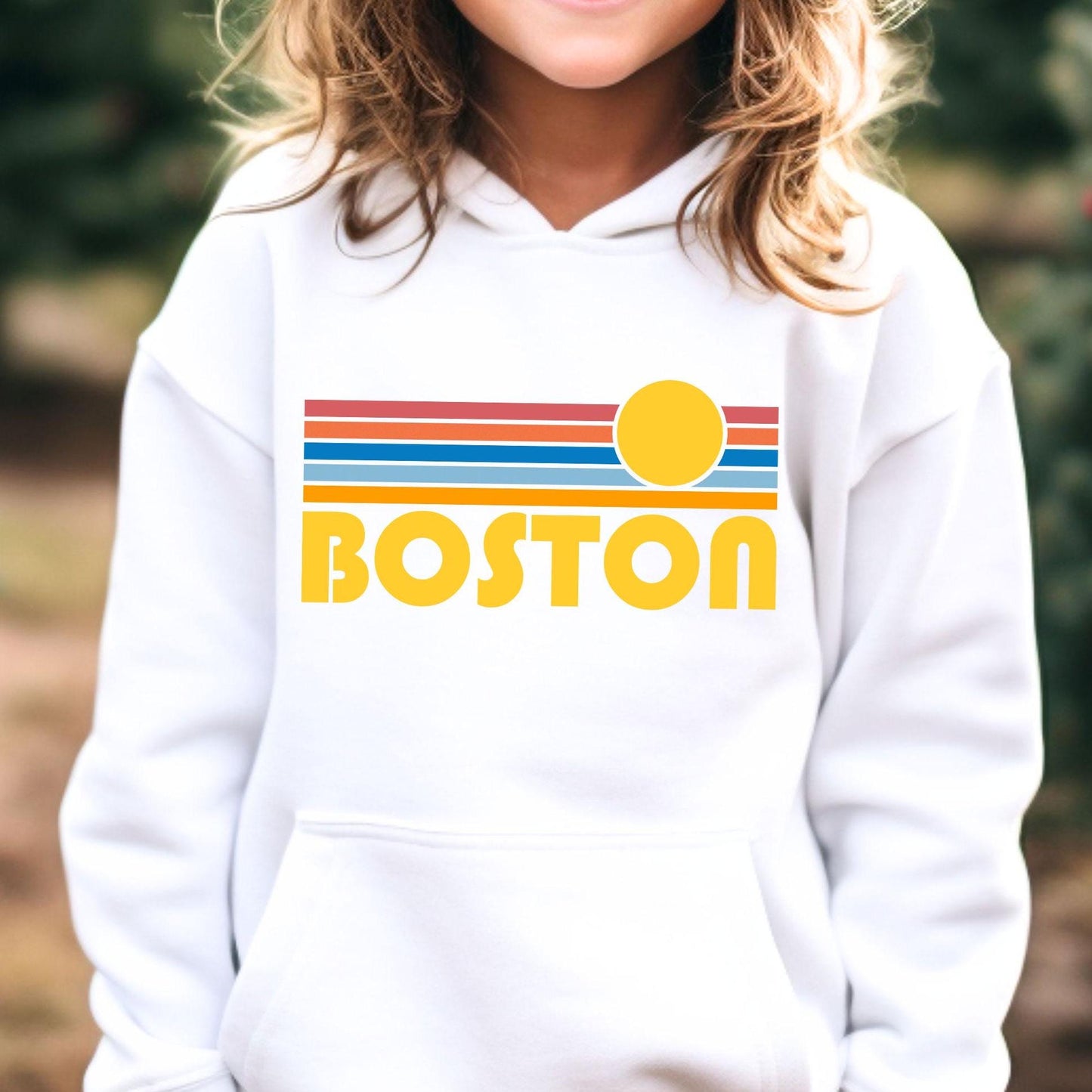 Boston Massachusetts Youth Hoodie Retro Sun Boston Youth Sweatshirt Personalization Available Hoodie – Cozy Vibes · Perfect For Daily Wear